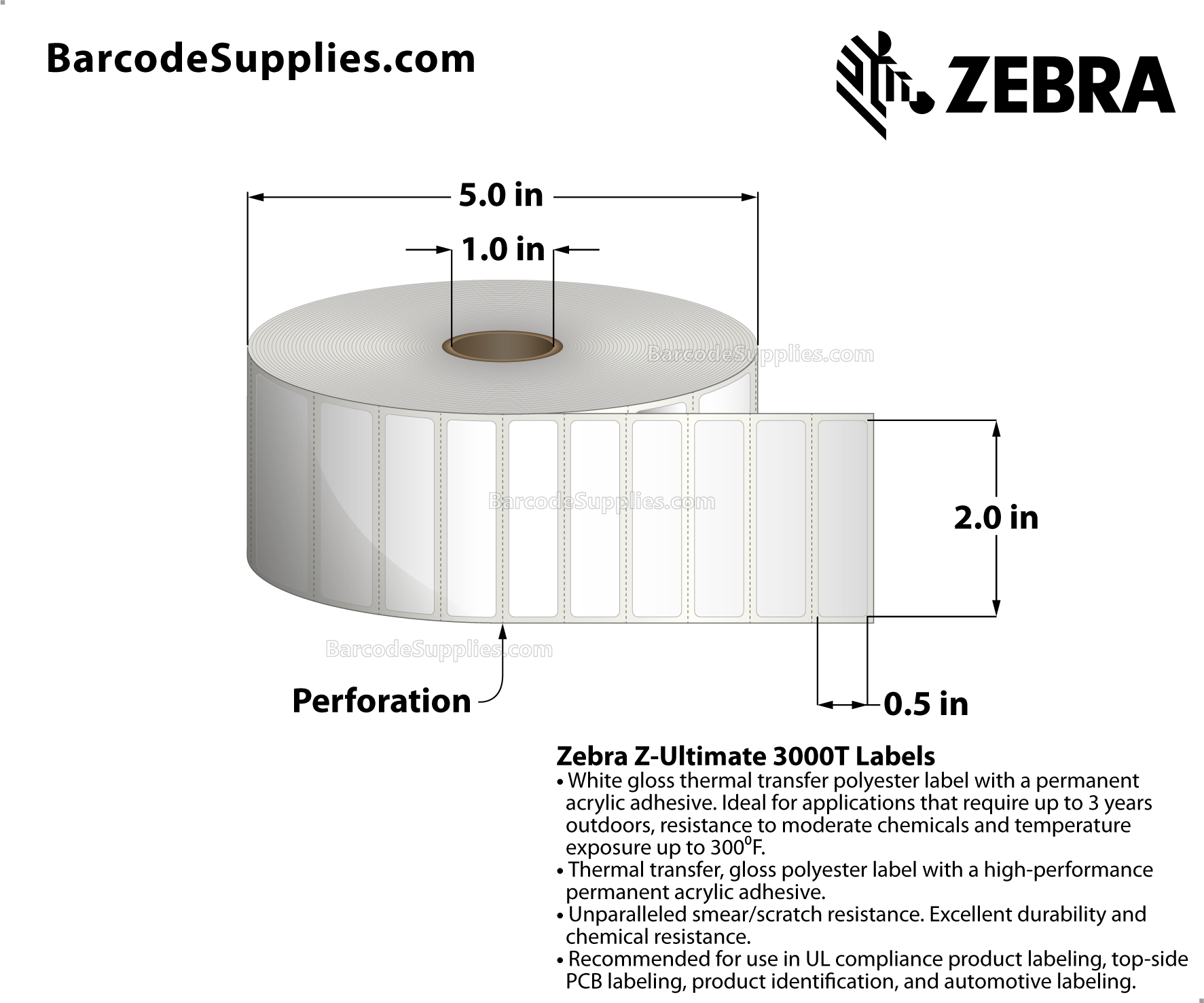 Zebra 2.00 x 0.50 Thermal Transfer Labels - Z-Ultimate 3000T - 1" Core Rolls - 4,550 Labels