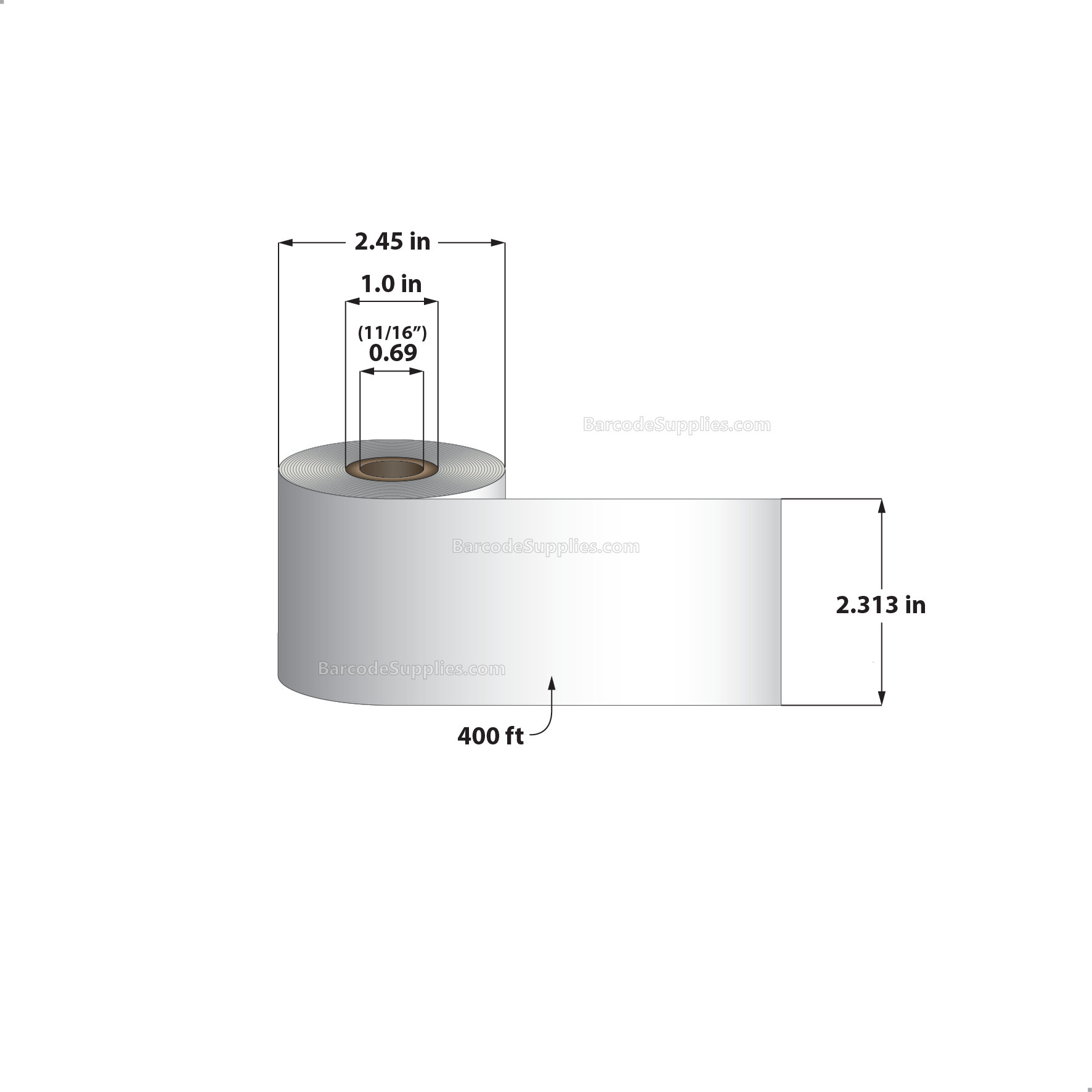 231400-T 2.3125" X 400' Thermal Receipt Paper Rolls - 11/16" x 1" Core - 2.45" OD - Case of 12 Rolls