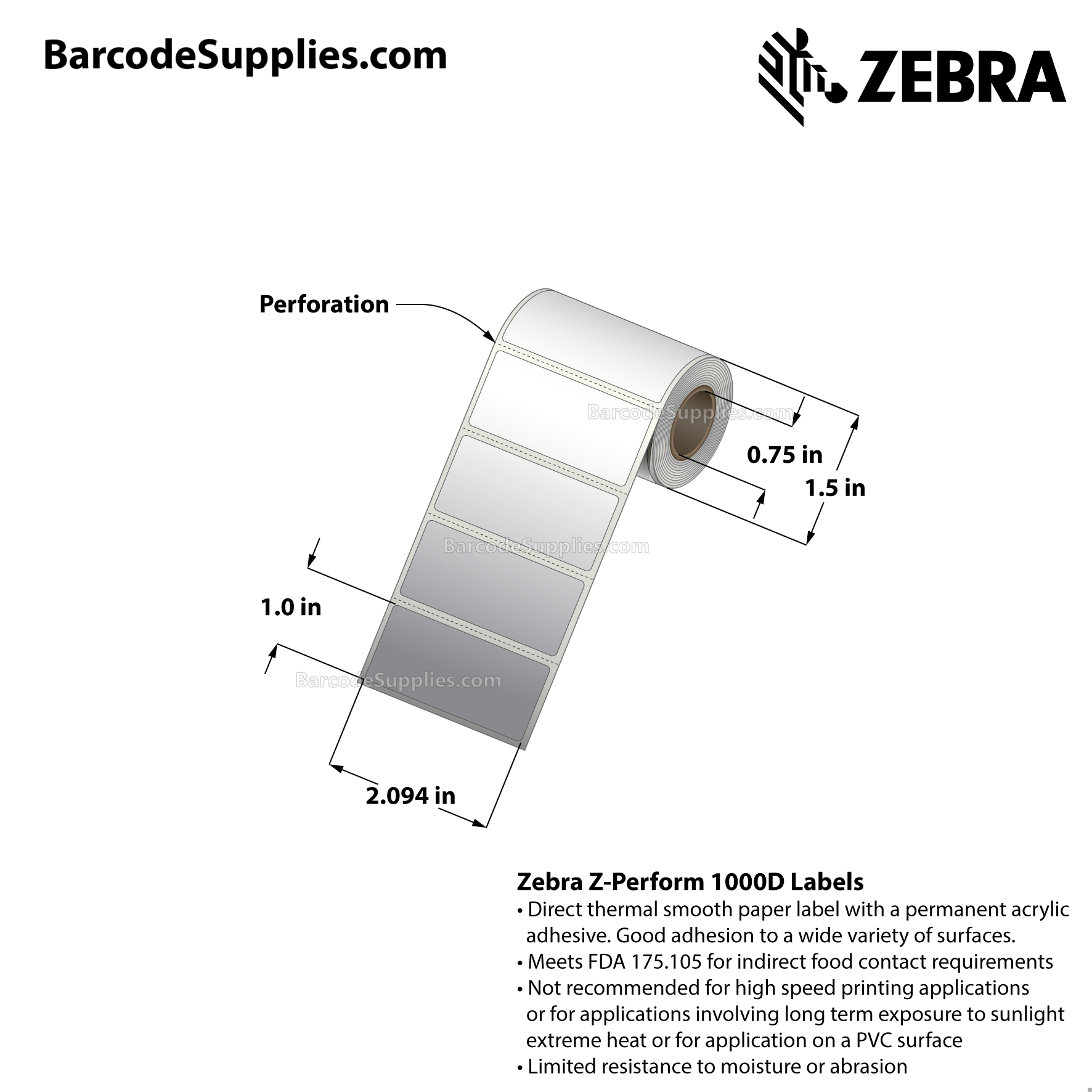 2.09375 x 1 Direct Thermal White Z-Perform 1000D Labels With Permanent Adhesive - Perforated - 145 Labels Per Roll - Carton Of 36 Rolls - 5220 Labels Total - MPN: 10034526