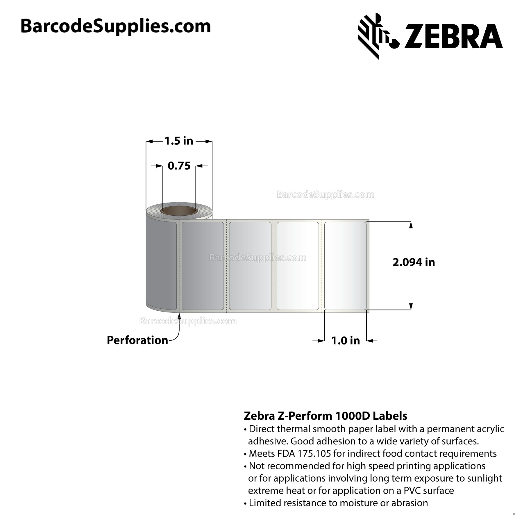 2.09375 x 1 Direct Thermal White Z-Perform 1000D Labels With Permanent Adhesive - Perforated - 145 Labels Per Roll - Carton Of 36 Rolls - 5220 Labels Total - MPN: 10034526