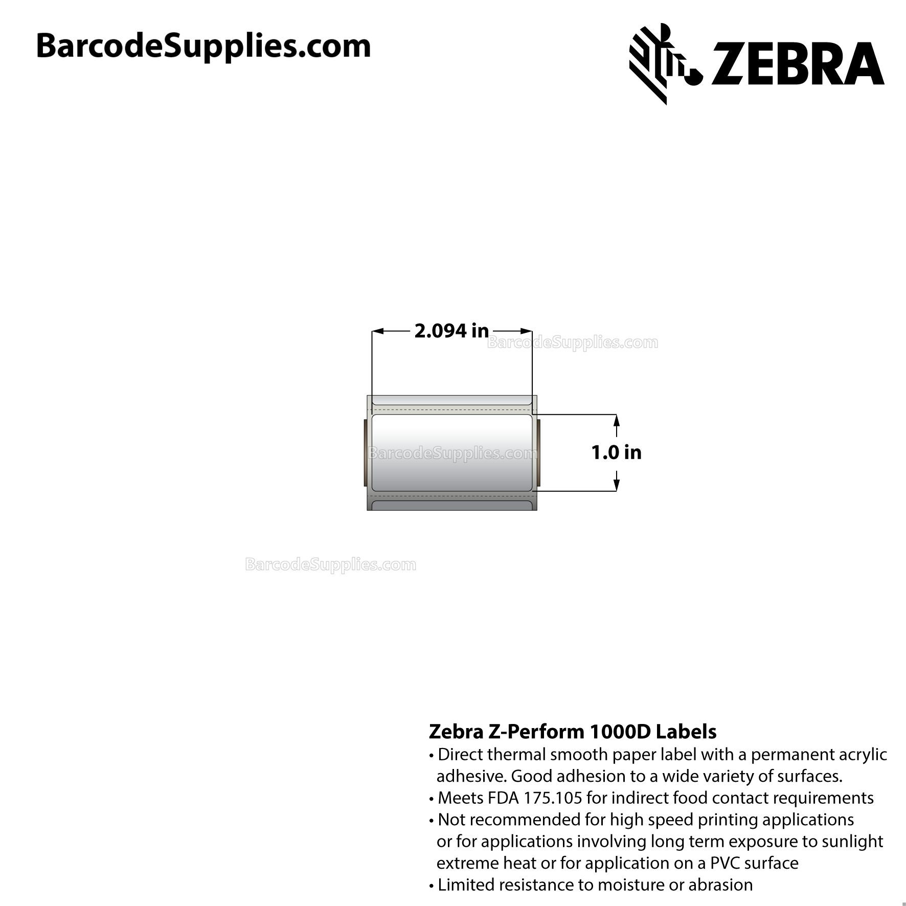 2.09375 x 1 Direct Thermal White Z-Perform 1000D Labels With Permanent Adhesive - Perforated - 145 Labels Per Roll - Carton Of 36 Rolls - 5220 Labels Total - MPN: 10034526