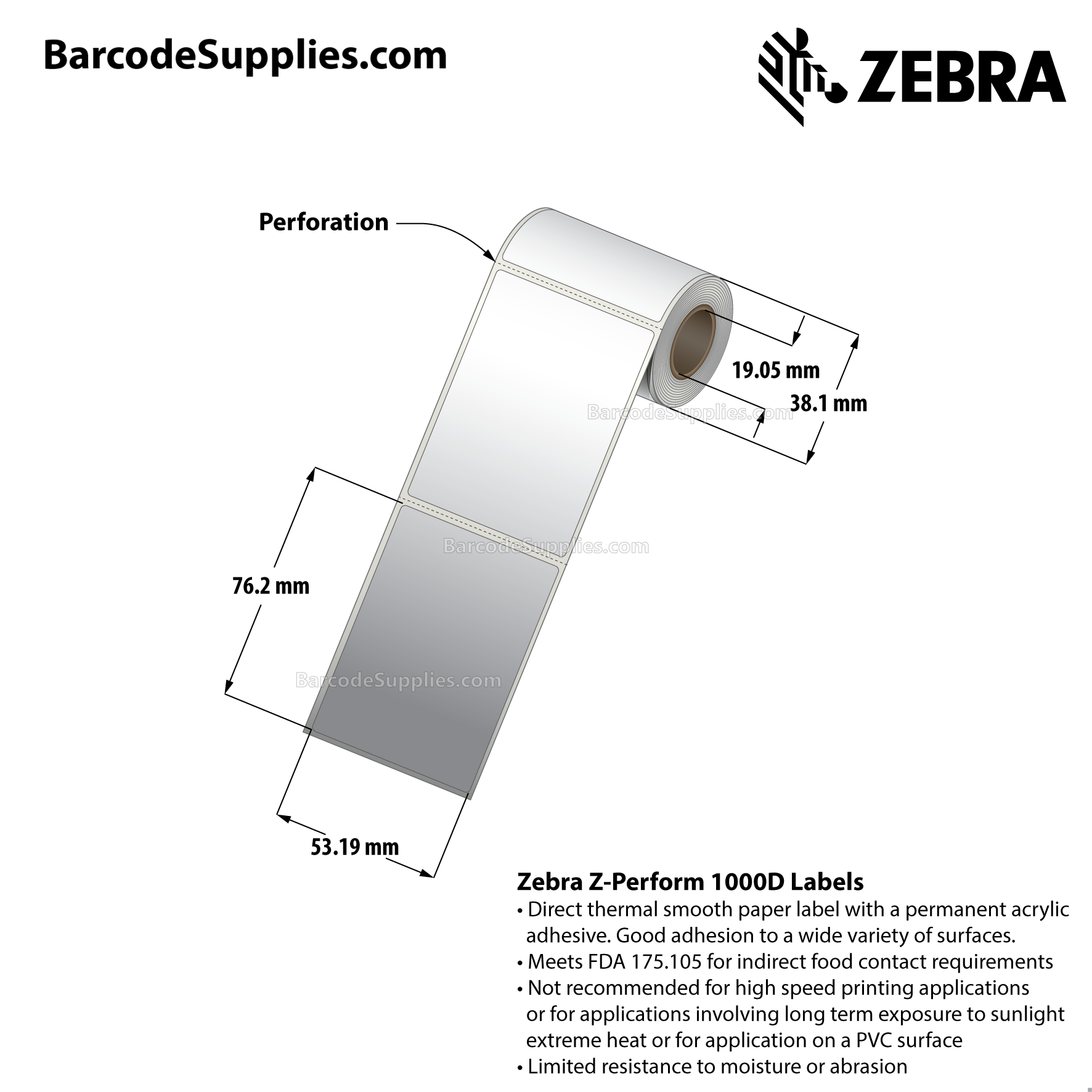 2.09375 x 3 Direct Thermal White Z-Perform 1000D Labels With Permanent Adhesive - Perforated - 50 Labels Per Roll - Carton Of 36 Rolls - 1800 Labels Total - MPN: 10034528