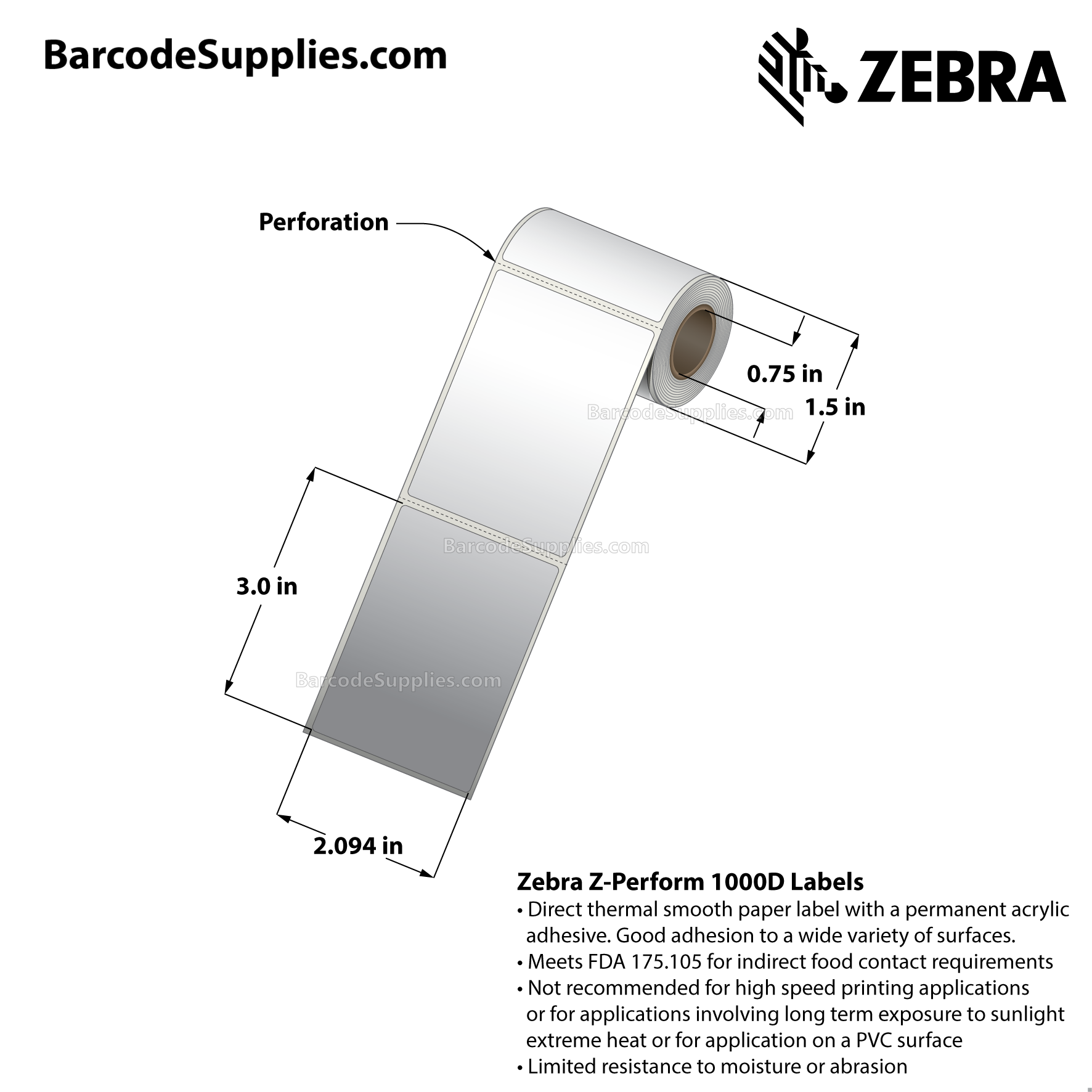 2.09375 x 3 Direct Thermal White Z-Perform 1000D Labels With Permanent Adhesive - Perforated - 50 Labels Per Roll - Carton Of 36 Rolls - 1800 Labels Total - MPN: 10034528