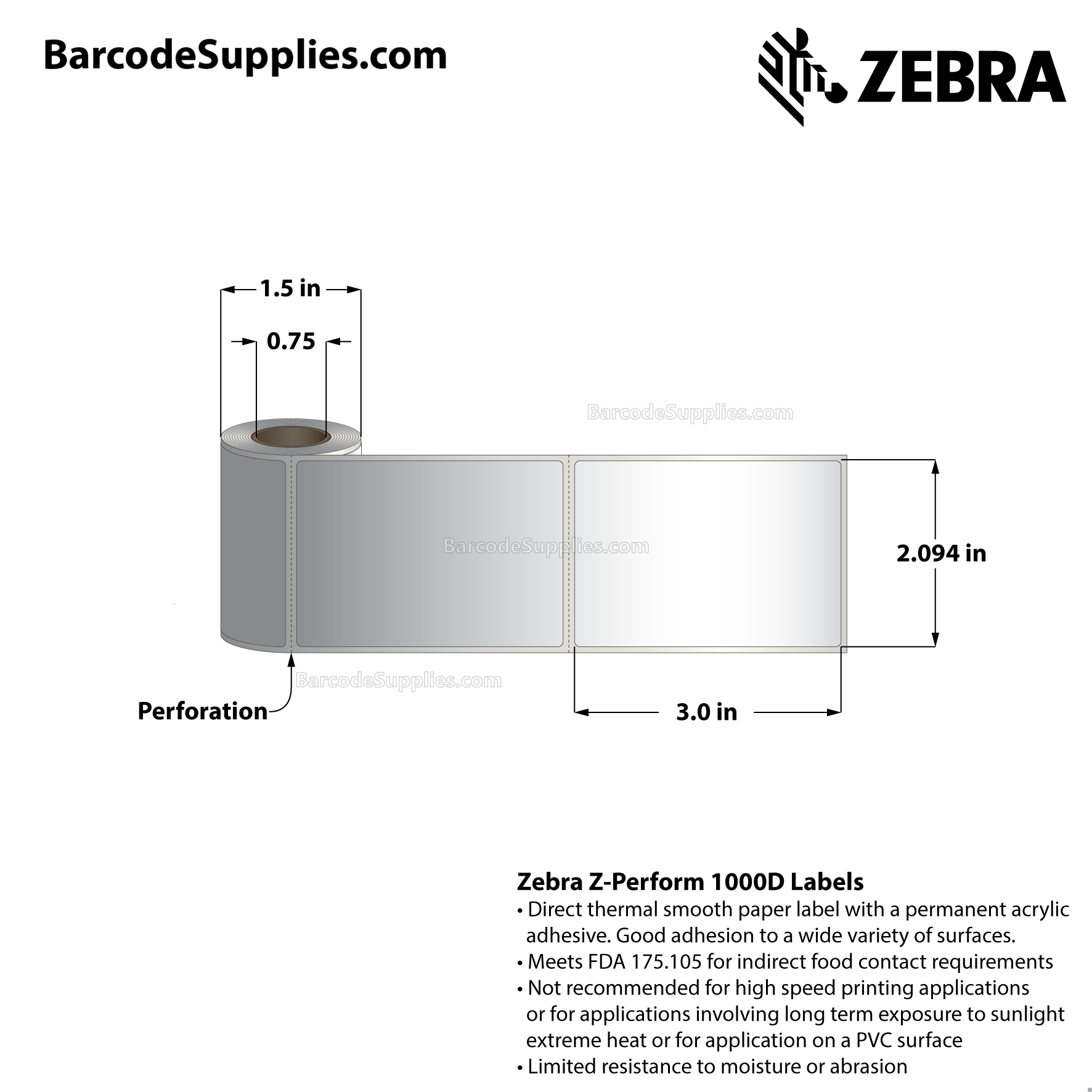 2.09375 x 3 Direct Thermal White Z-Perform 1000D Labels With Permanent Adhesive - Perforated - 50 Labels Per Roll - Carton Of 36 Rolls - 1800 Labels Total - MPN: 10034528