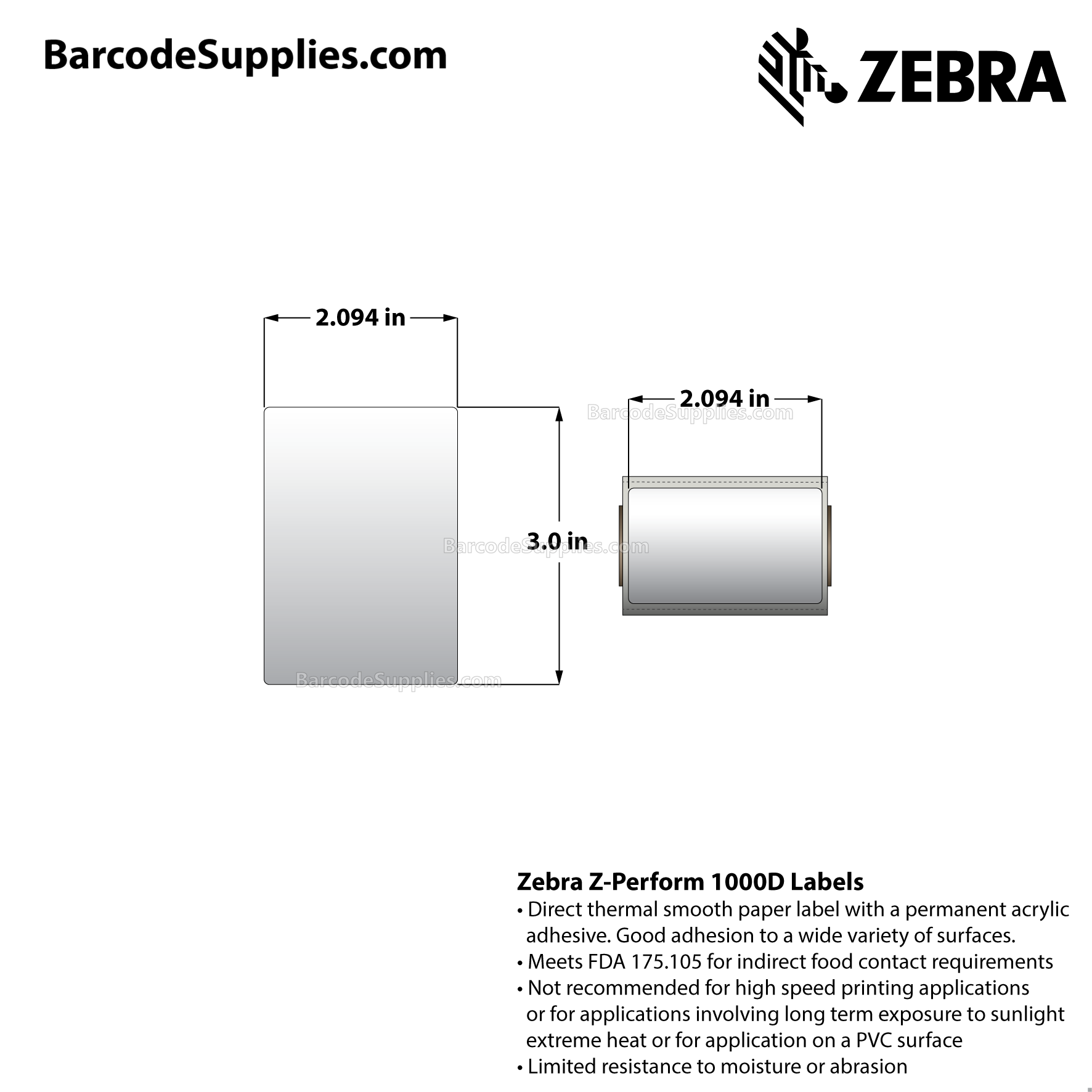 2.09375 x 3 Direct Thermal White Z-Perform 1000D Labels With Permanent Adhesive - Perforated - 50 Labels Per Roll - Carton Of 36 Rolls - 1800 Labels Total - MPN: 10034528