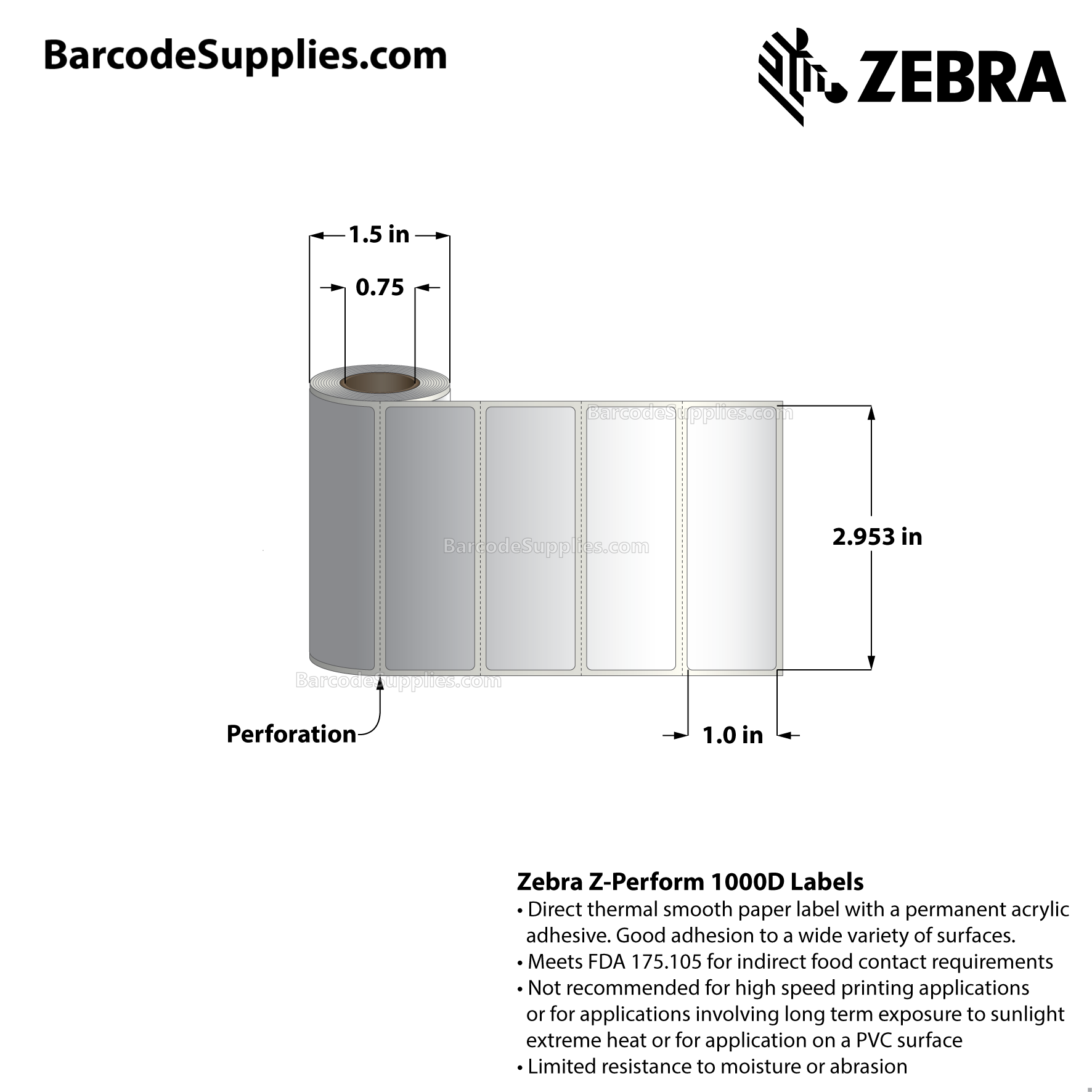 2.953125 x 1 Direct Thermal White Z-Perform 1000D Labels With Permanent Adhesive - Perforated - 150 Labels Per Roll - Carton Of 36 Rolls - 5400 Labels Total - MPN: 10034815