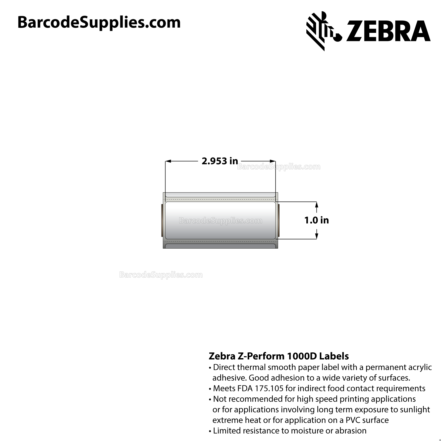 2.953125 x 1 Direct Thermal White Z-Perform 1000D Labels With Permanent Adhesive - Perforated - 150 Labels Per Roll - Carton Of 36 Rolls - 5400 Labels Total - MPN: 10034815