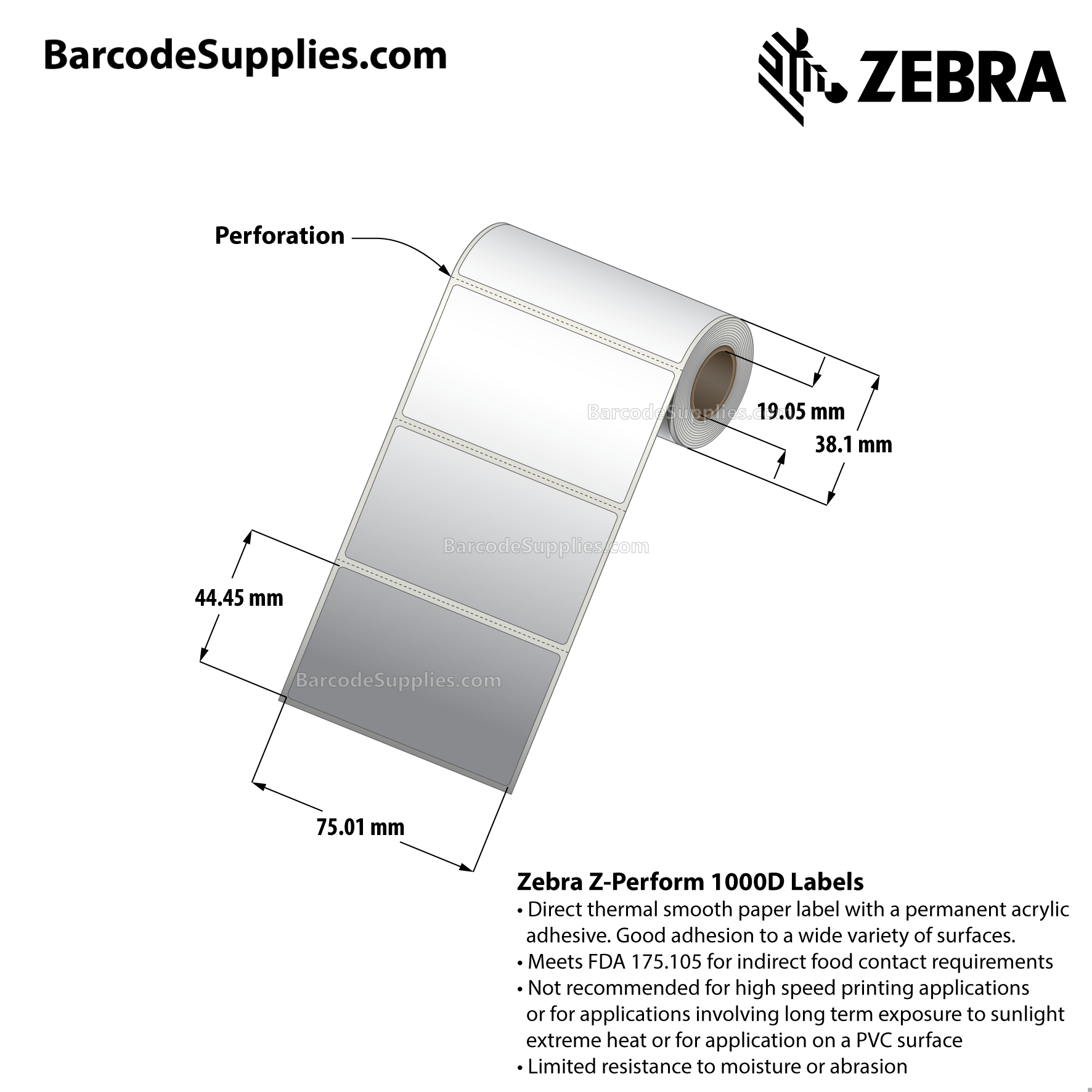 2.953125 x 1.75 Direct Thermal White Z-Perform 1000D Labels With Permanent Adhesive - Perforated - 90 Labels Per Roll - Carton Of 36 Rolls - 3240 Labels Total - MPN: 10034816