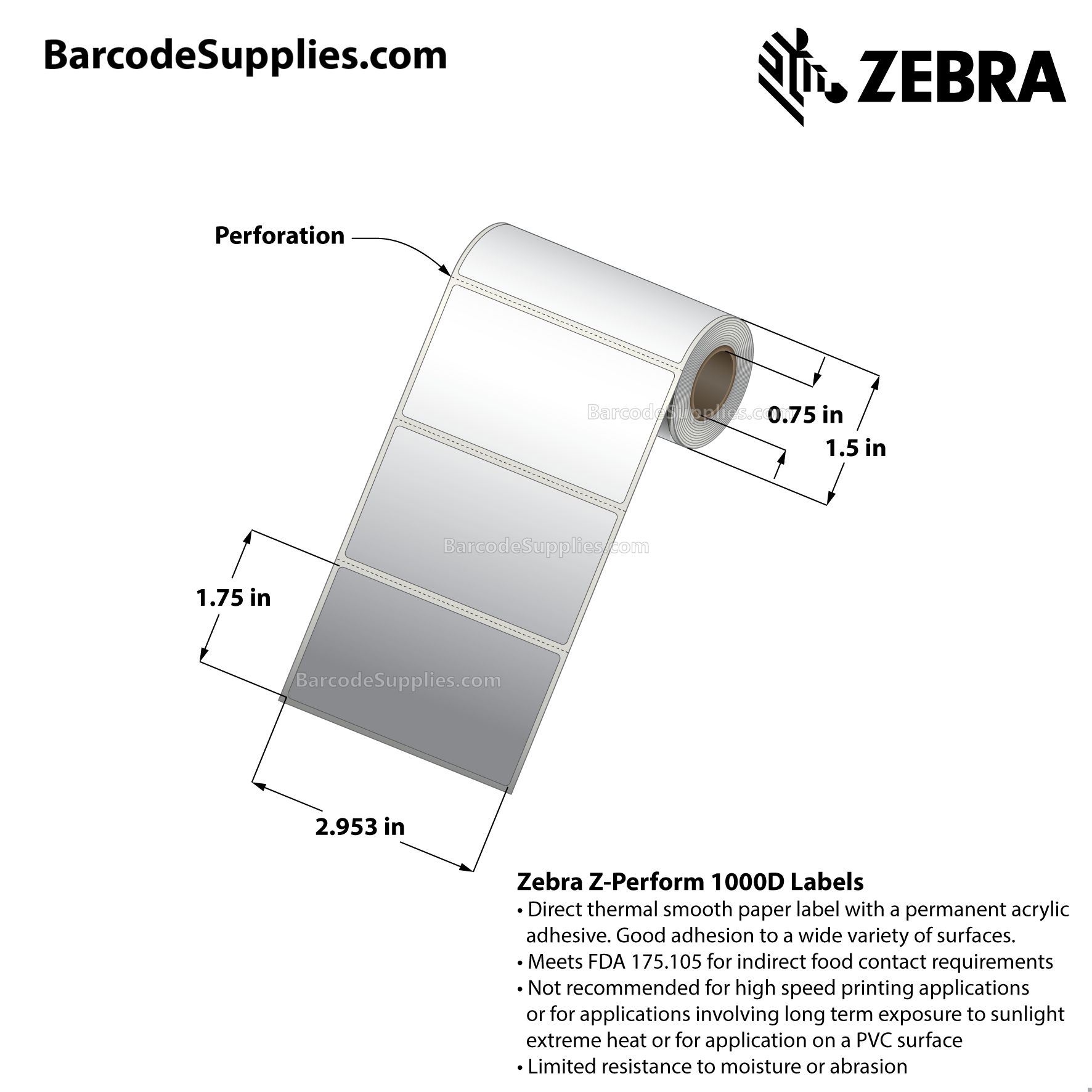 2.953125 x 1.75 Direct Thermal White Z-Perform 1000D Labels With Permanent Adhesive - Perforated - 90 Labels Per Roll - Carton Of 36 Rolls - 3240 Labels Total - MPN: 10034816