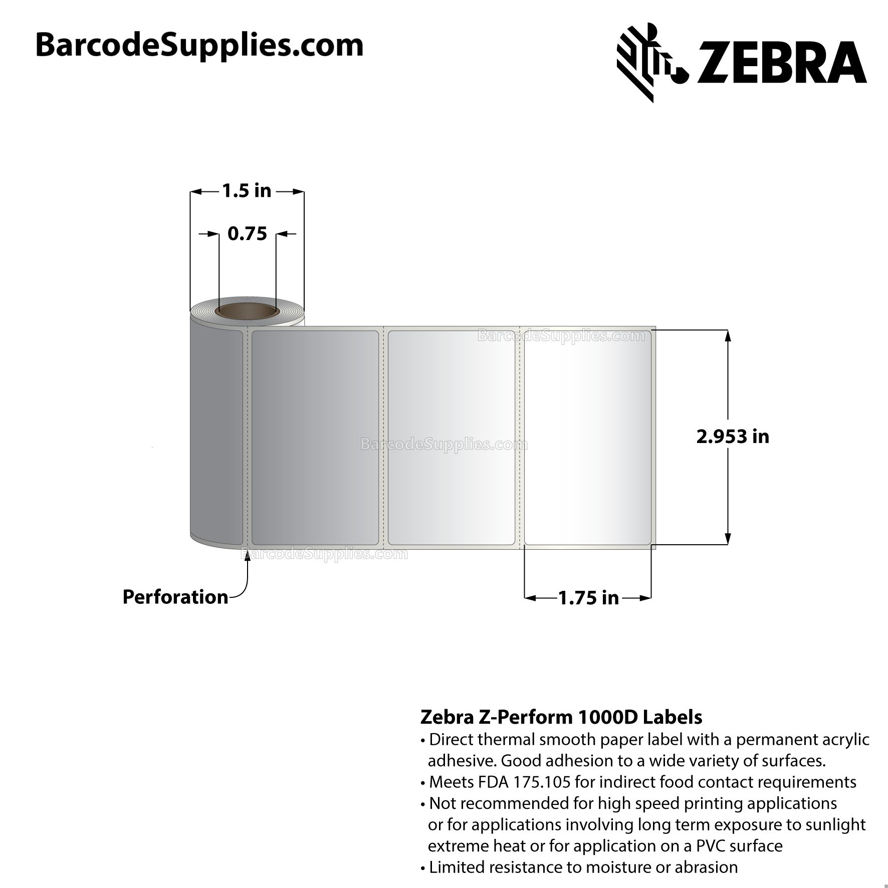 2.953125 x 1.75 Direct Thermal White Z-Perform 1000D Labels With Permanent Adhesive - Perforated - 90 Labels Per Roll - Carton Of 36 Rolls - 3240 Labels Total - MPN: 10034816