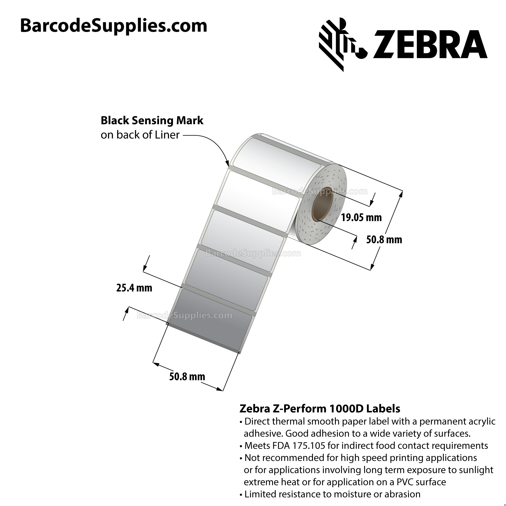 2 x 1 Direct Thermal White Z-Perform 1000D Labels With Permanent Adhesive - Black mark sensing - Not Perforated - 350 Labels Per Roll - Carton Of 36 Rolls - 12600 Labels Total - MPN: LD-R7MU5P