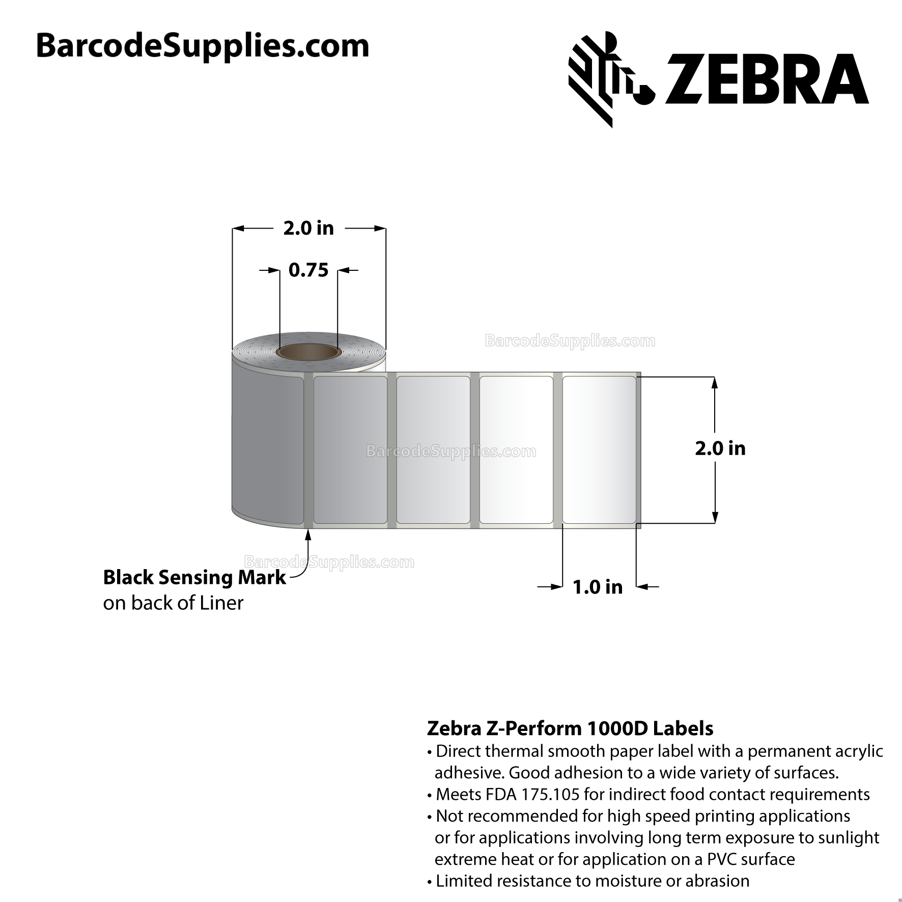 2 x 1 Direct Thermal White Z-Perform 1000D Labels With Permanent Adhesive - Black mark sensing - Not Perforated - 350 Labels Per Roll - Carton Of 36 Rolls - 12600 Labels Total - MPN: LD-R7MU5P