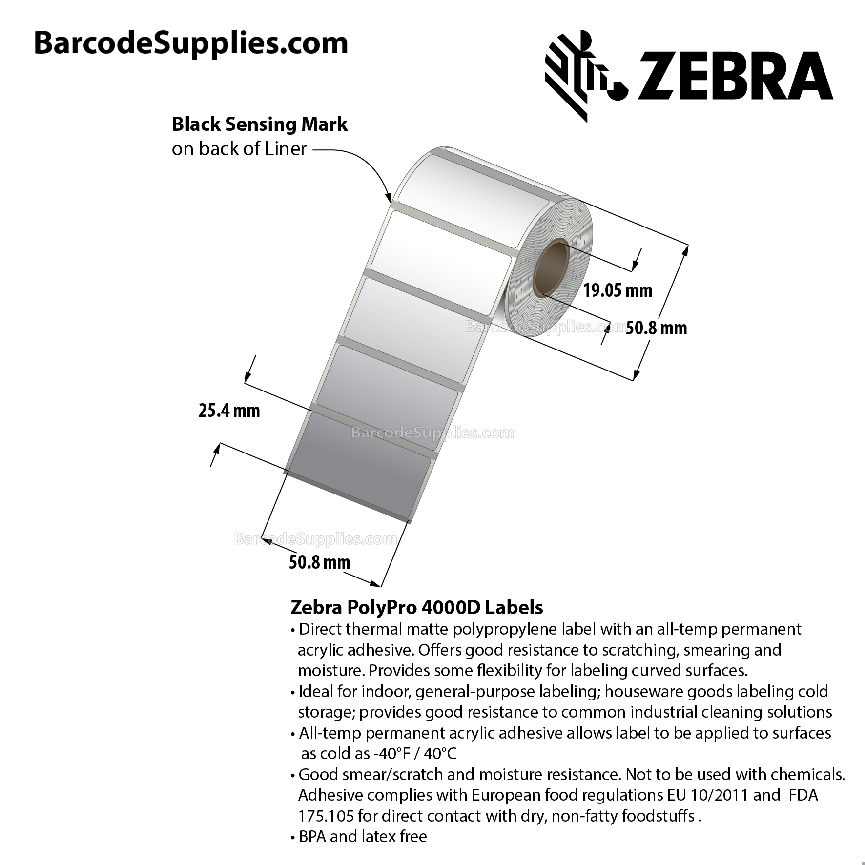 2 x 1 Direct Thermal White PolyPro 4000D Labels With All-Temp Adhesive - Black mark sensing - Not Perforated - 350 Labels Per Roll - Carton Of 36 Rolls - 12600 Labels Total - MPN: LD-R7BL5B