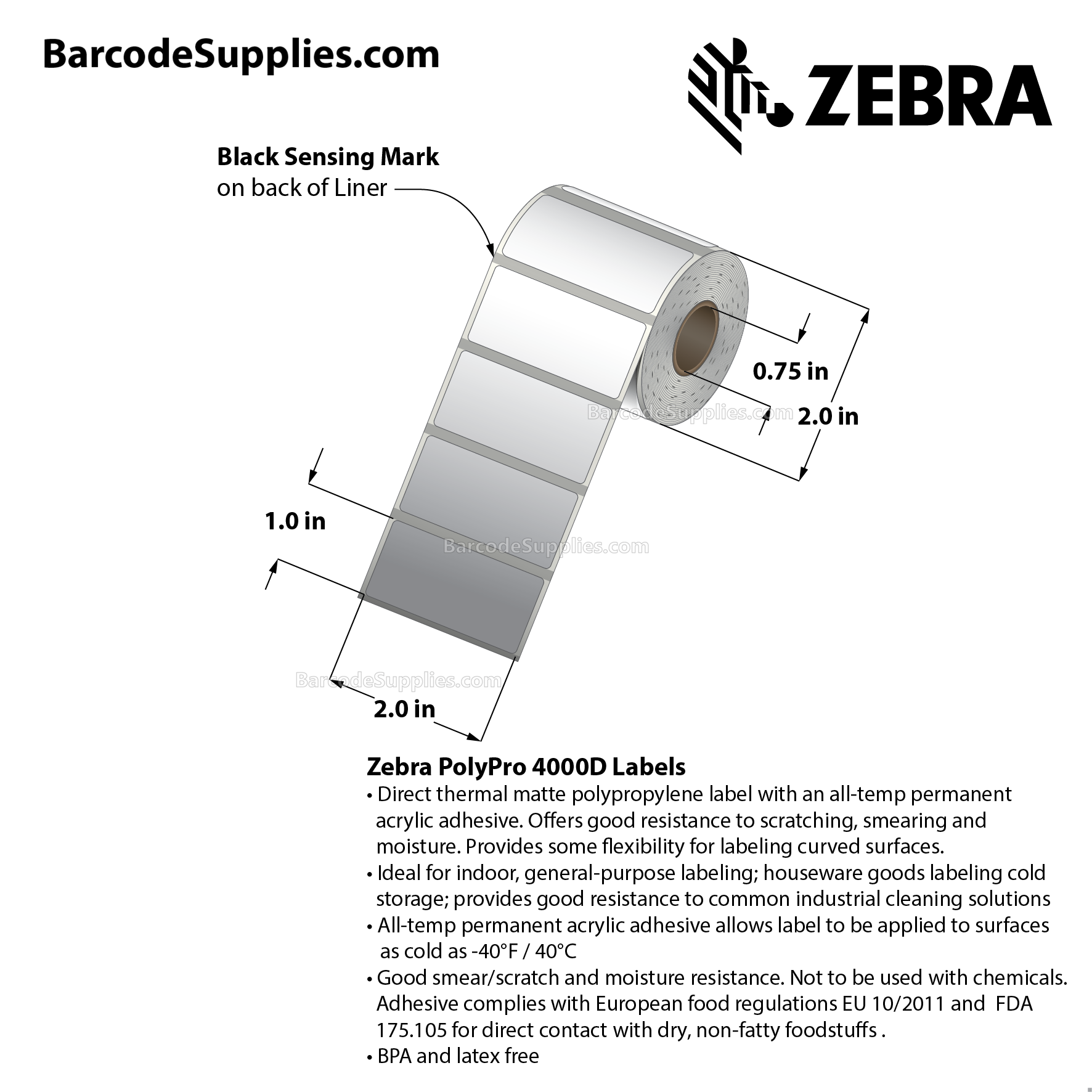 2 x 1 Direct Thermal White PolyPro 4000D Labels With All-Temp Adhesive - Black mark sensing - Not Perforated - 350 Labels Per Roll - Carton Of 36 Rolls - 12600 Labels Total - MPN: LD-R7BL5B