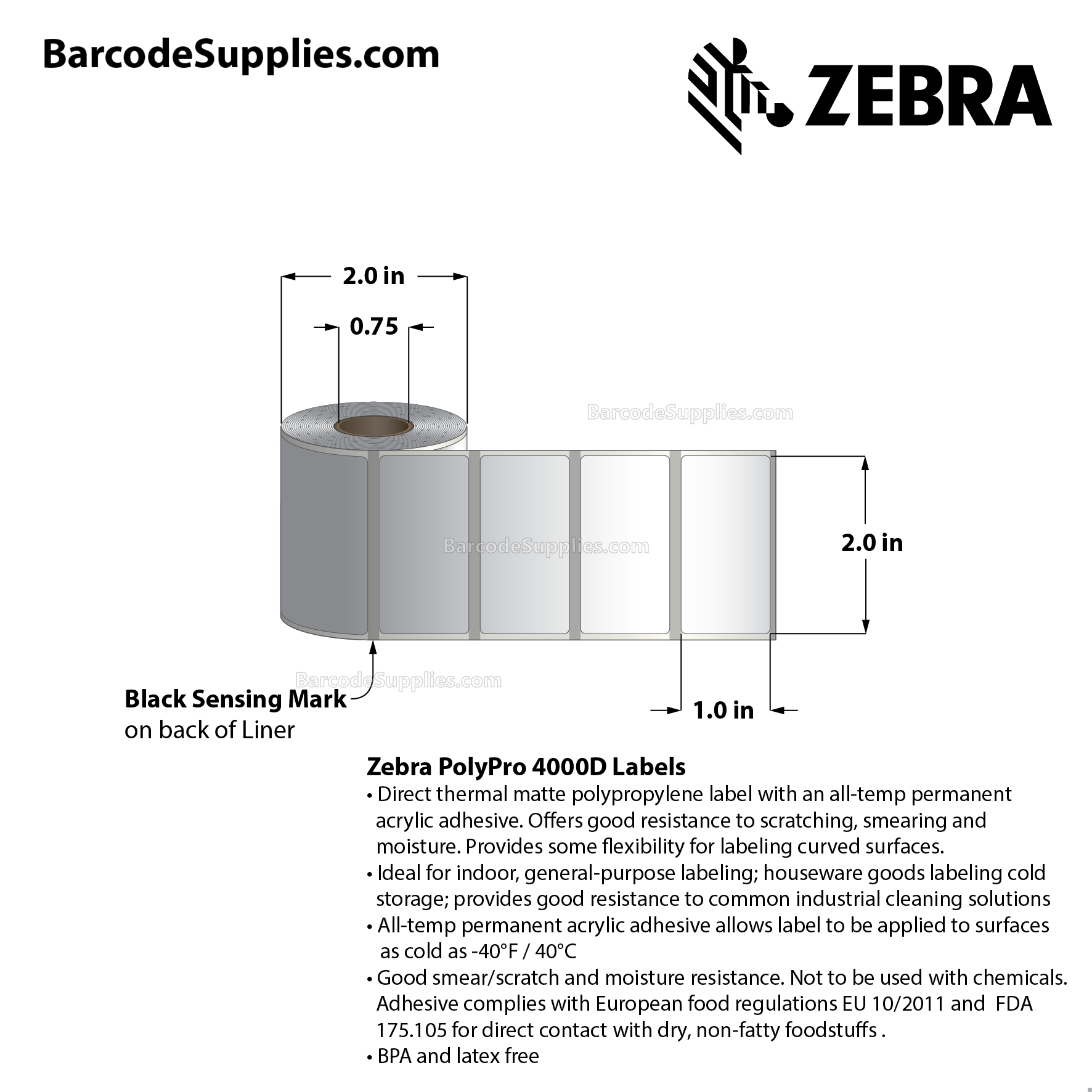 2 x 1 Direct Thermal White PolyPro 4000D Labels With All-Temp Adhesive - Black mark sensing - Not Perforated - 350 Labels Per Roll - Carton Of 36 Rolls - 12600 Labels Total - MPN: LD-R7BL5B