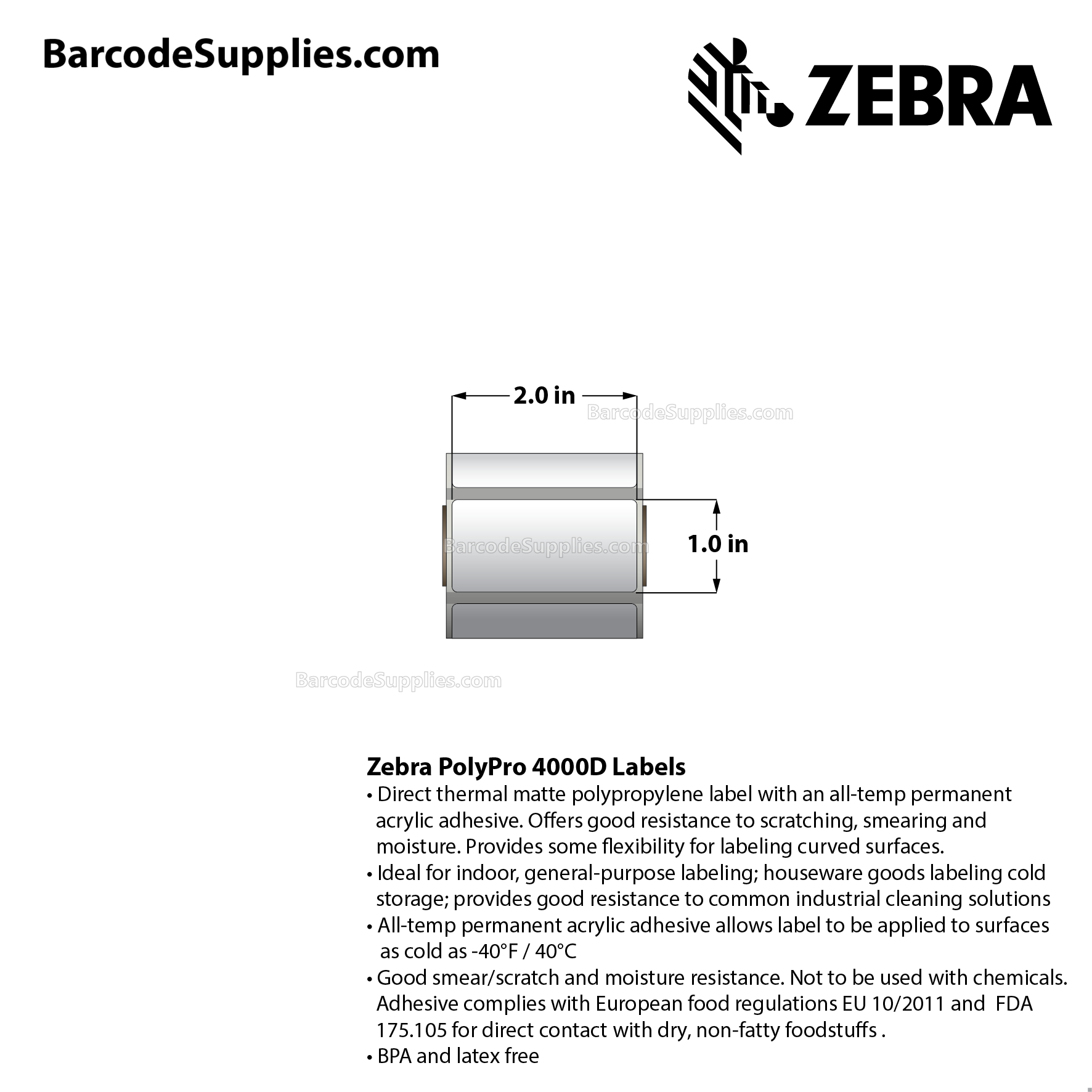 2 x 1 Direct Thermal White PolyPro 4000D Labels With All-Temp Adhesive - Black mark sensing - Not Perforated - 350 Labels Per Roll - Carton Of 36 Rolls - 12600 Labels Total - MPN: LD-R7BL5B