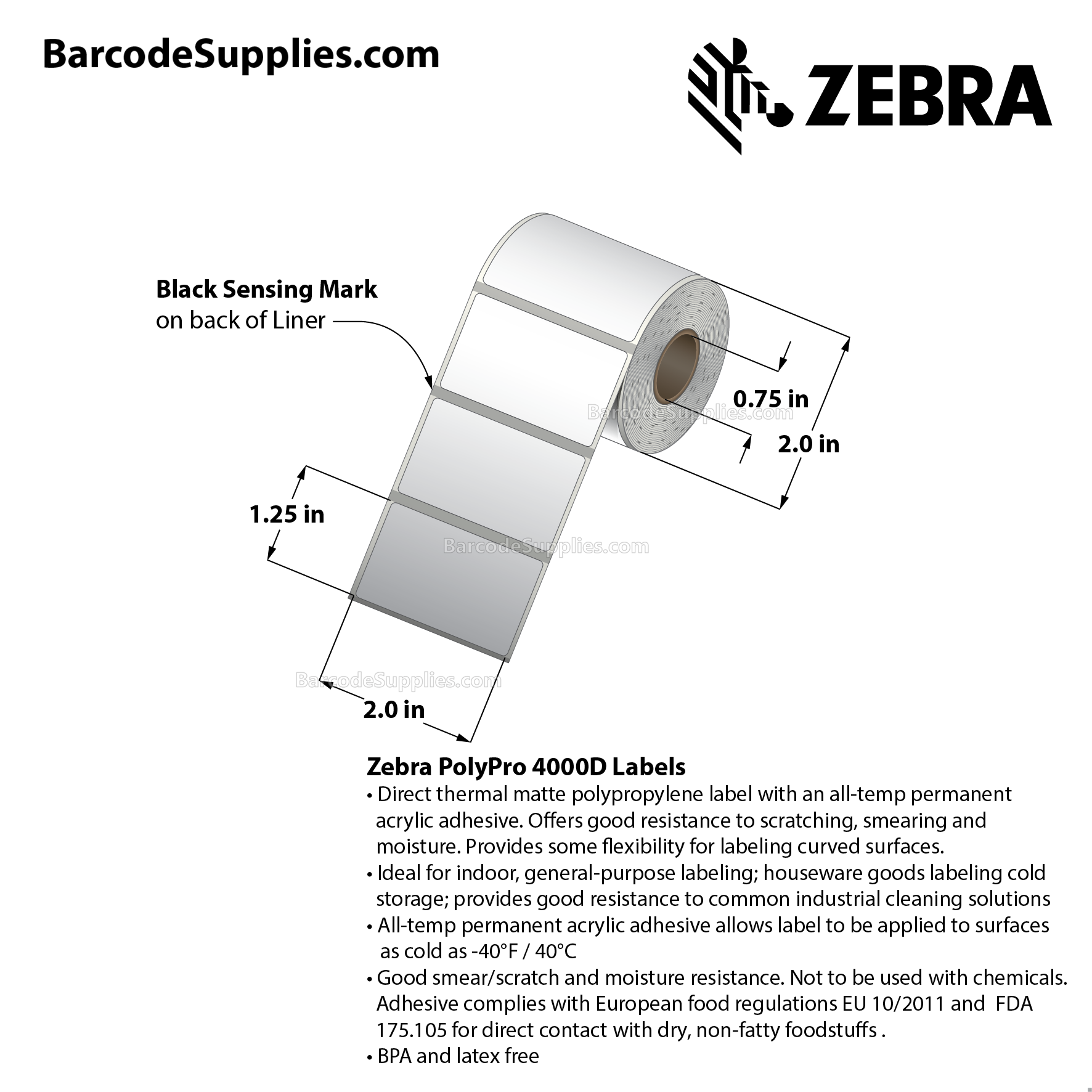 2 x 1.25 Direct Thermal White PolyPro 4000D Labels With All-Temp Adhesive - Black mark sensing - Not Perforated - 280 Labels Per Roll - Carton Of 36 Rolls - 10080 Labels Total - MPN: LD-R2BF5W
