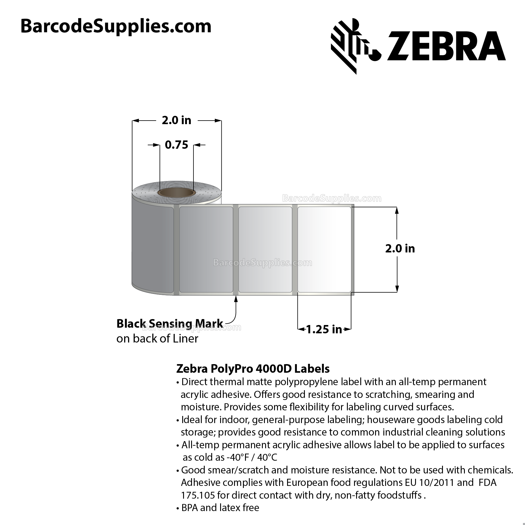 2 x 1.25 Direct Thermal White PolyPro 4000D Labels With All-Temp Adhesive - Black mark sensing - Not Perforated - 280 Labels Per Roll - Carton Of 36 Rolls - 10080 Labels Total - MPN: LD-R2BF5W