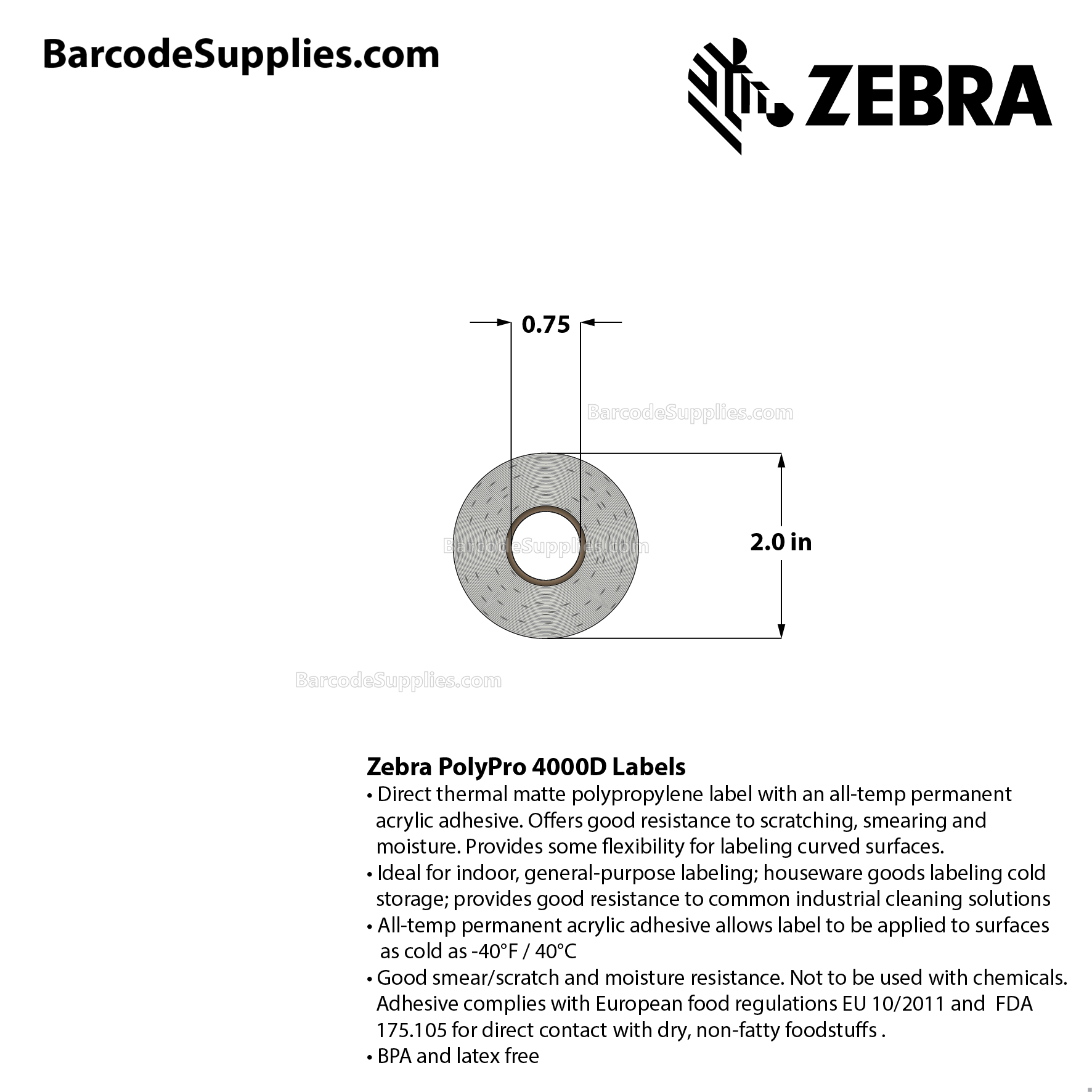2 x 1.25 Direct Thermal White PolyPro 4000D Labels With All-Temp Adhesive - Black mark sensing - Not Perforated - 280 Labels Per Roll - Carton Of 36 Rolls - 10080 Labels Total - MPN: LD-R2BF5W