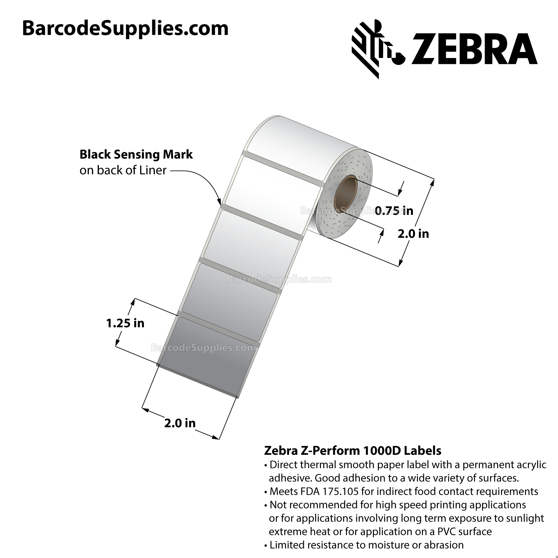 2 x 1.25 Direct Thermal White Z-Perform 1000D Labels With Permanent Adhesive - Black mark sensing - Not Perforated - 280 Labels Per Roll - Carton Of 36 Rolls - 10080 Labels Total - MPN: LD-R2AL5B