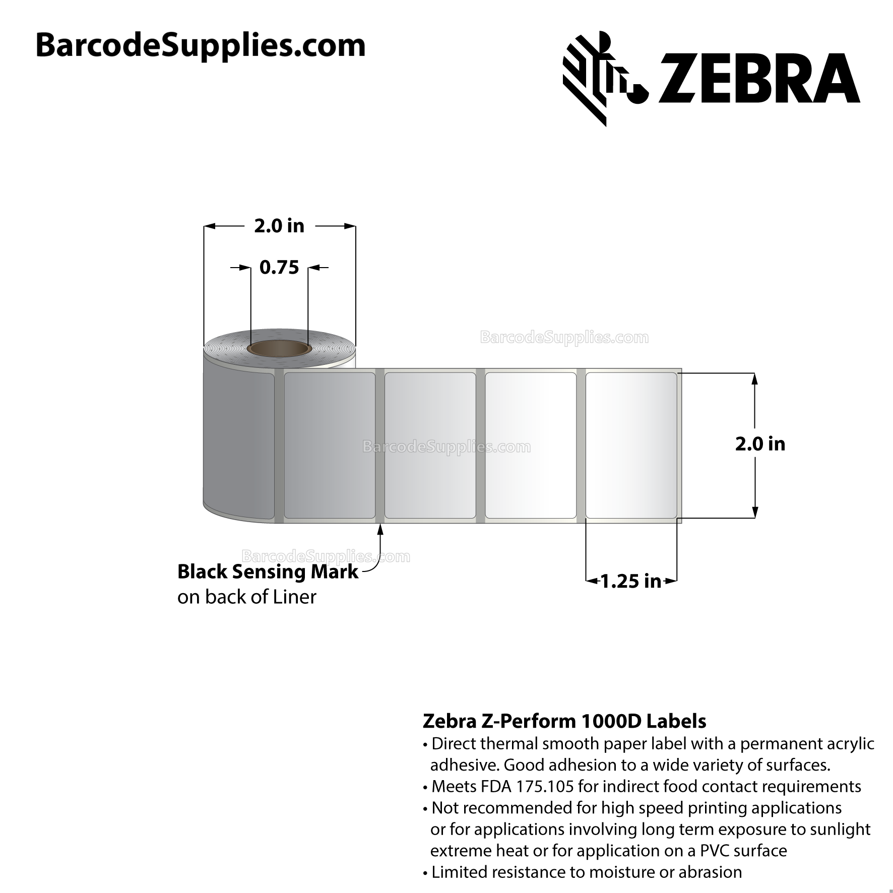 2 x 1.25 Direct Thermal White Z-Perform 1000D Labels With Permanent Adhesive - Black mark sensing - Not Perforated - 280 Labels Per Roll - Carton Of 36 Rolls - 10080 Labels Total - MPN: LD-R2AL5B