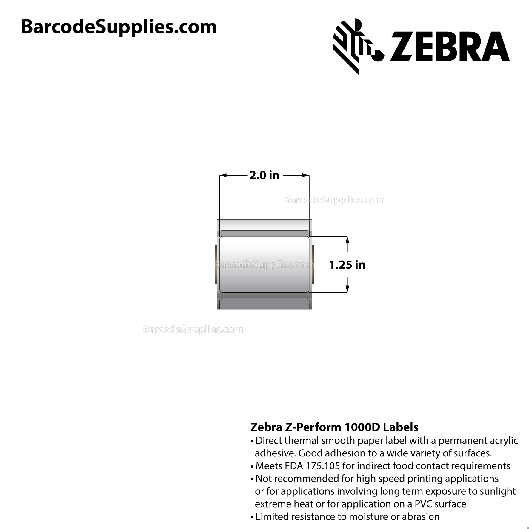 2 x 1.25 Direct Thermal White Z-Perform 1000D Labels With Permanent Adhesive - Black mark sensing - Not Perforated - 280 Labels Per Roll - Carton Of 36 Rolls - 10080 Labels Total - MPN: LD-R2AL5B
