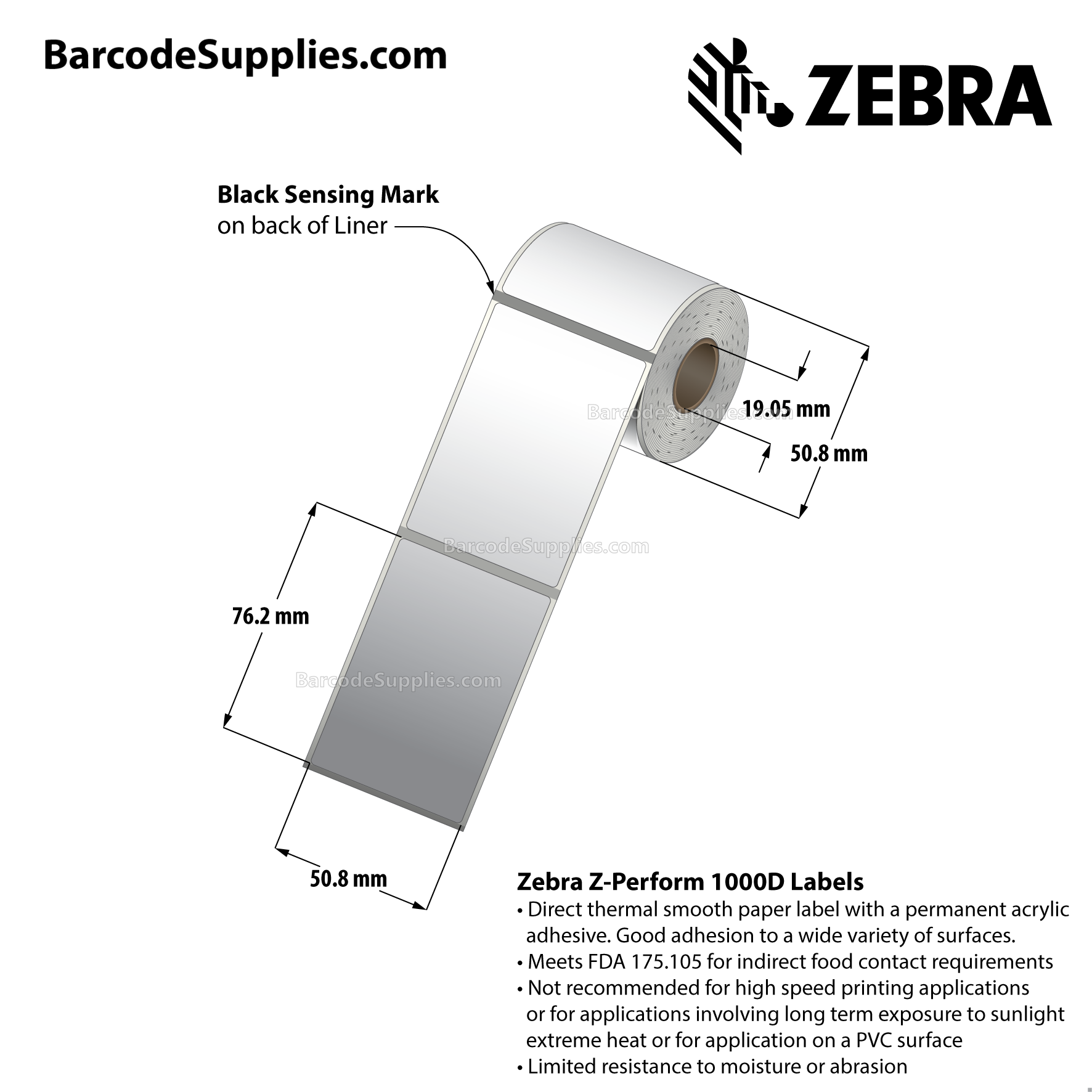 2 x 3 Direct Thermal White Z-Perform 1000D Labels With Permanent Adhesive - Black mark sensing - Not Perforated - 125 Labels Per Roll - Carton Of 36 Rolls - 4500 Labels Total - MPN: LD-R7AM5R