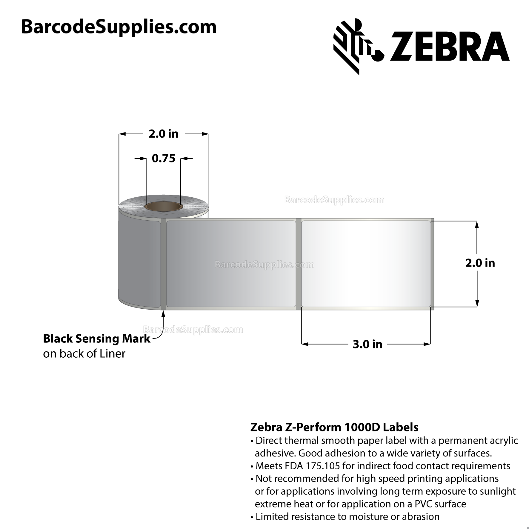 2 x 3 Direct Thermal White Z-Perform 1000D Labels With Permanent Adhesive - Black mark sensing - Not Perforated - 125 Labels Per Roll - Carton Of 36 Rolls - 4500 Labels Total - MPN: LD-R7AM5R