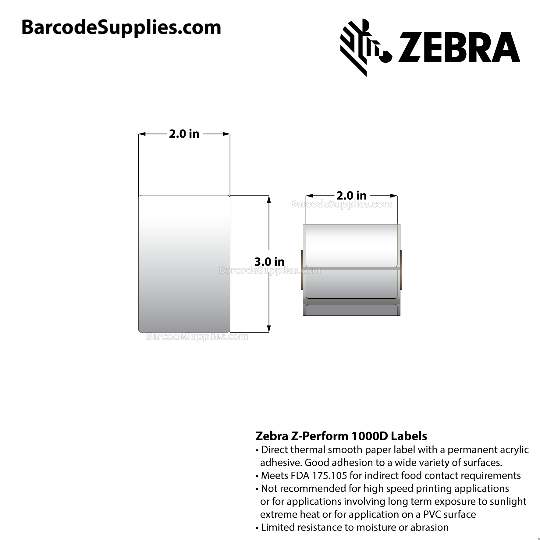 2 x 3 Direct Thermal White Z-Perform 1000D Labels With Permanent Adhesive - Black mark sensing - Not Perforated - 125 Labels Per Roll - Carton Of 36 Rolls - 4500 Labels Total - MPN: LD-R7AM5R