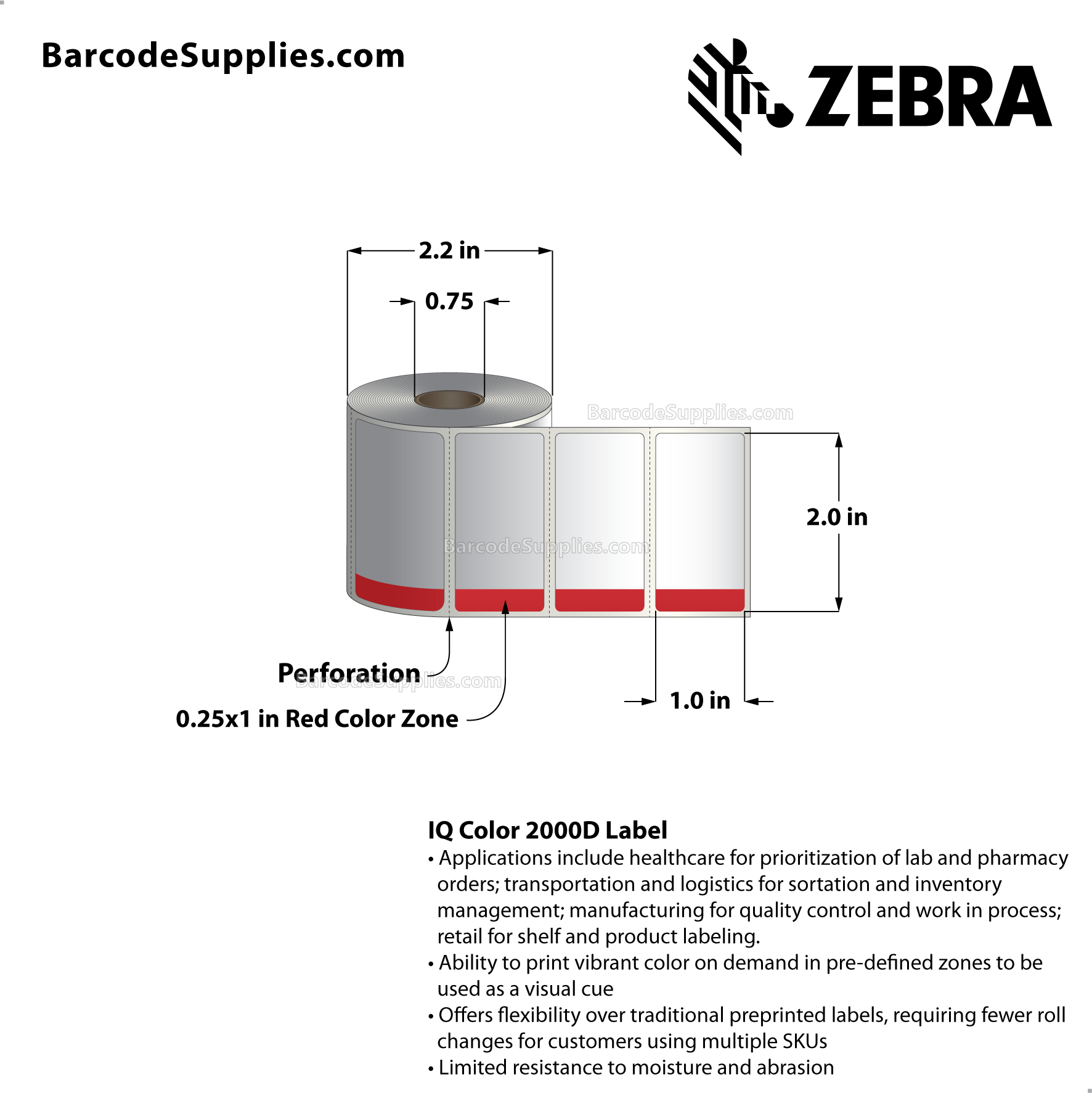 2 x 1 Direct Thermal White w/ red color zone IQ Color 2000D Labels With Permanent Adhesive - Perforated - 450 Labels Per Roll - Carton Of 36 Rolls - 16200 Labels Total - MPN: 10020397