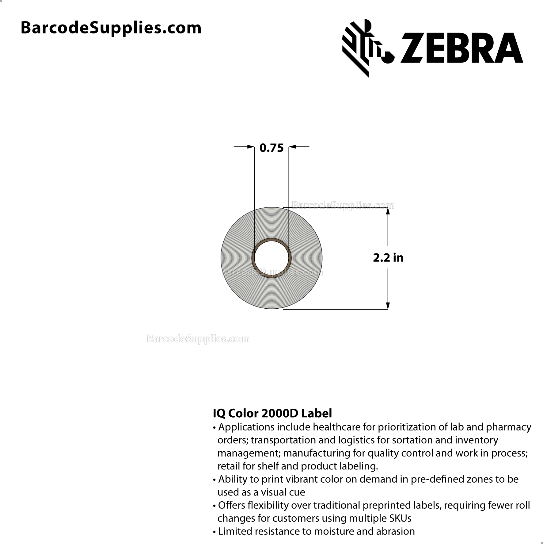 2 x 1 Direct Thermal White w/ red color zone IQ Color 2000D Labels With Permanent Adhesive - Perforated - 450 Labels Per Roll - Carton Of 36 Rolls - 16200 Labels Total - MPN: 10020397