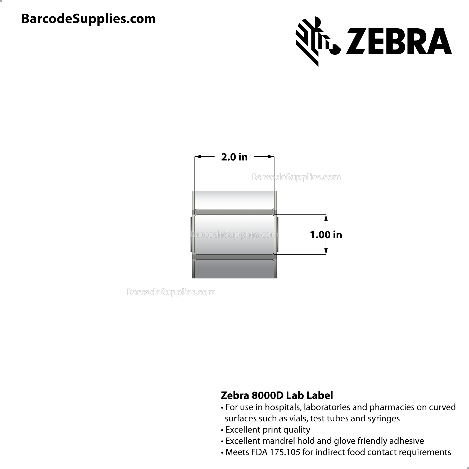 2 x 1 Direct Thermal White 8000D Lab Labels With Permanent Adhesive - Black mark sensing - Mobile specimen collection label. - Perforated - 428 Labels Per Roll - Carton Of 12 Rolls - 5136 Labels Total - MPN: 10025486