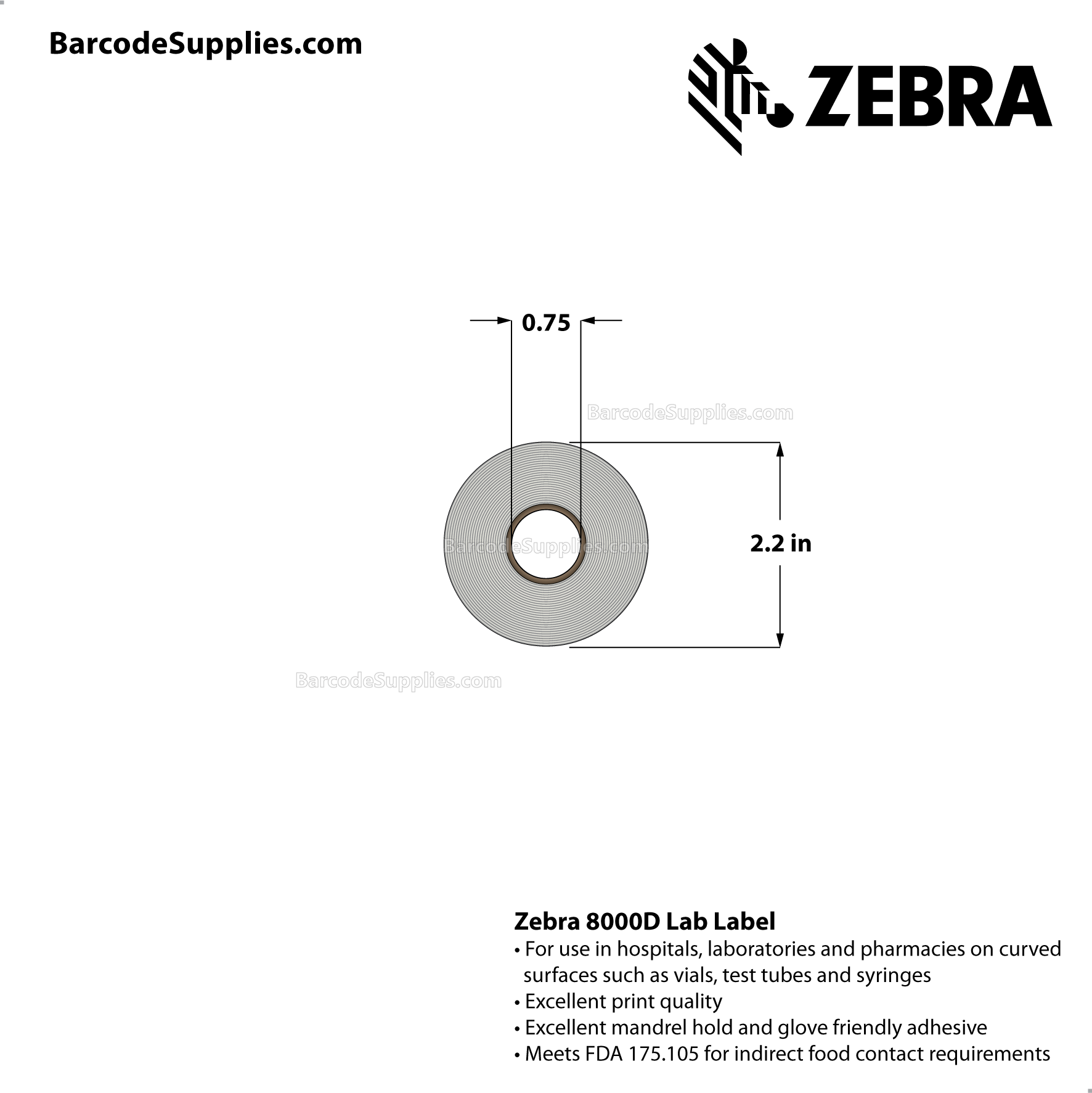 2 x 1 Direct Thermal White 8000D Lab Labels With Permanent Adhesive - Black mark sensing - Mobile specimen collection label. - Perforated - 428 Labels Per Roll - Carton Of 12 Rolls - 5136 Labels Total - MPN: 10025486