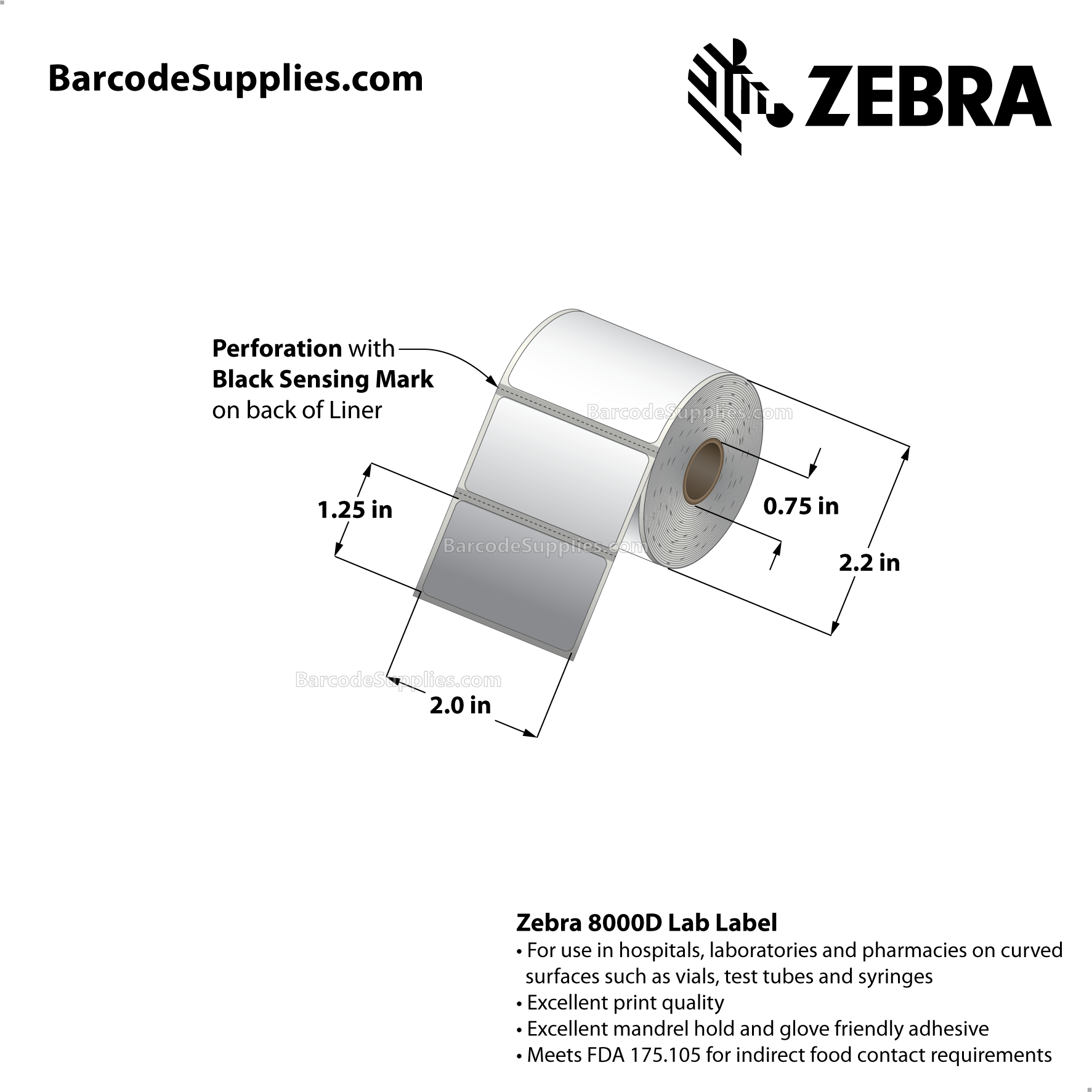 2 x 1.25 Direct Thermal White 8000D Lab Labels With Permanent Adhesive - Black mark sensing - Mobile specimen collection label for Cerner, McKesson, Siemens. - Perforated - 330 Labels Per Roll - Carton Of 12 Rolls - 3960 Labels Total - MPN: 10017573