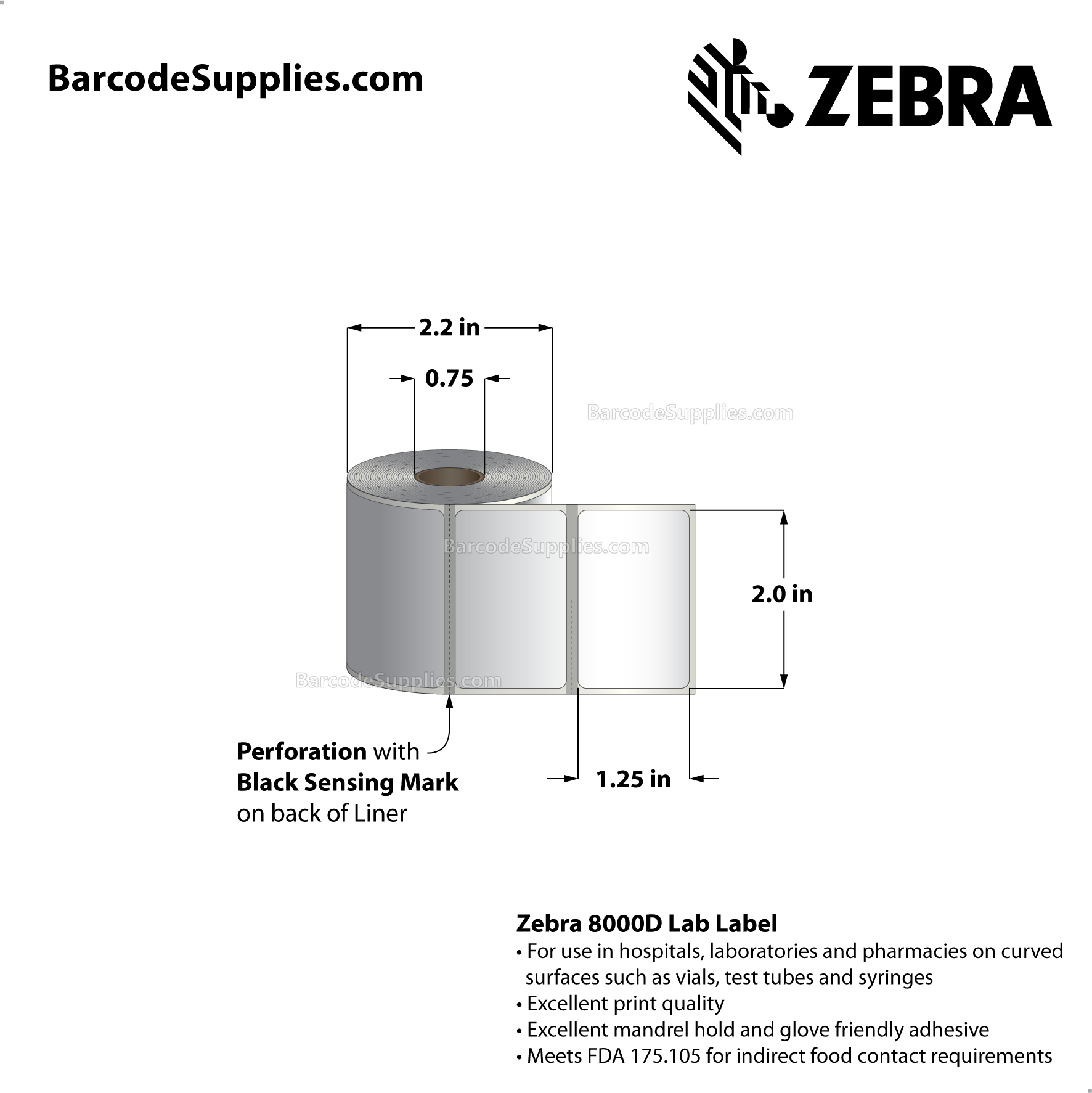 2 x 1.25 Direct Thermal White 8000D Lab Labels With Permanent Adhesive - Black mark sensing - Mobile specimen collection label for Cerner, McKesson, Siemens. - Perforated - 330 Labels Per Roll - Carton Of 12 Rolls - 3960 Labels Total - MPN: 10017573