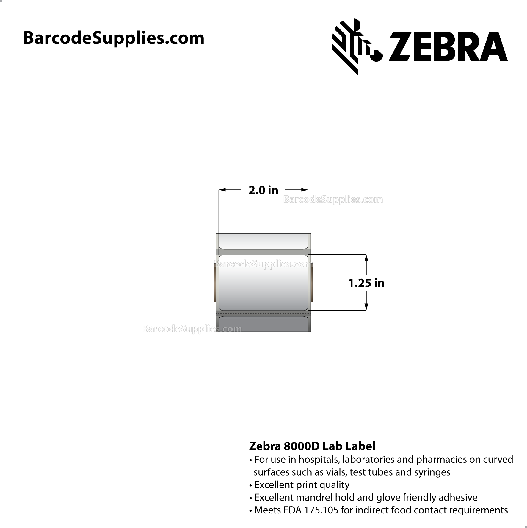 2 x 1.25 Direct Thermal White 8000D Lab Labels With Permanent Adhesive - Black mark sensing - Mobile specimen collection label for Cerner, McKesson, Siemens. - Perforated - 330 Labels Per Roll - Carton Of 12 Rolls - 3960 Labels Total - MPN: 10017573