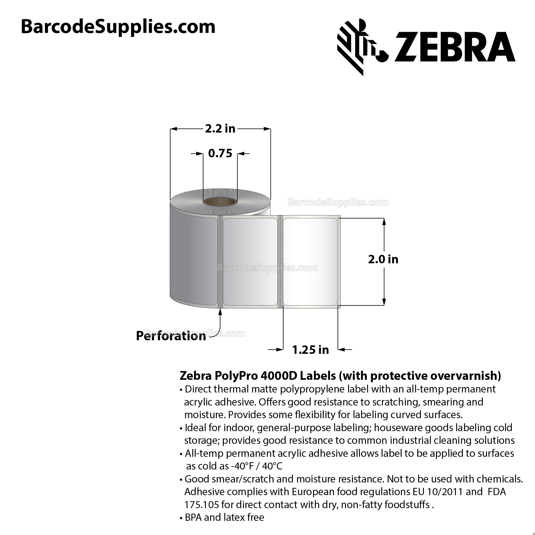 2 x 1.25 Direct Thermal White PolyPro 4000D (with protective overvarnish) Labels With All-Temp Adhesive - Perforated - 380 Labels Per Roll - Carton Of 12 Rolls - 4560 Labels Total - MPN: 10017577