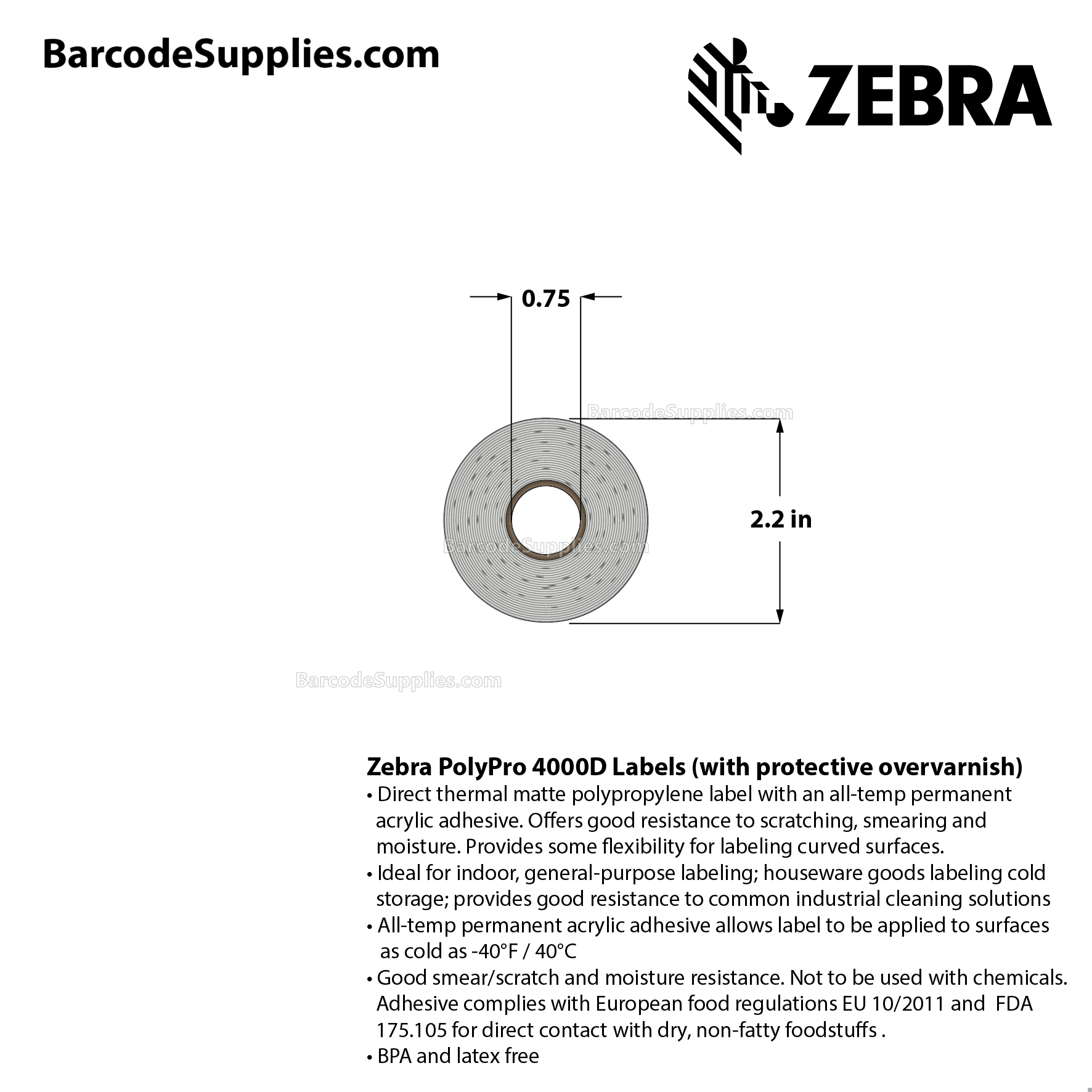 2 x 1.25 Direct Thermal White PolyPro 4000D (with protective overvarnish) Labels With All-Temp Adhesive - Perforated - 380 Labels Per Roll - Carton Of 12 Rolls - 4560 Labels Total - MPN: 10017577
