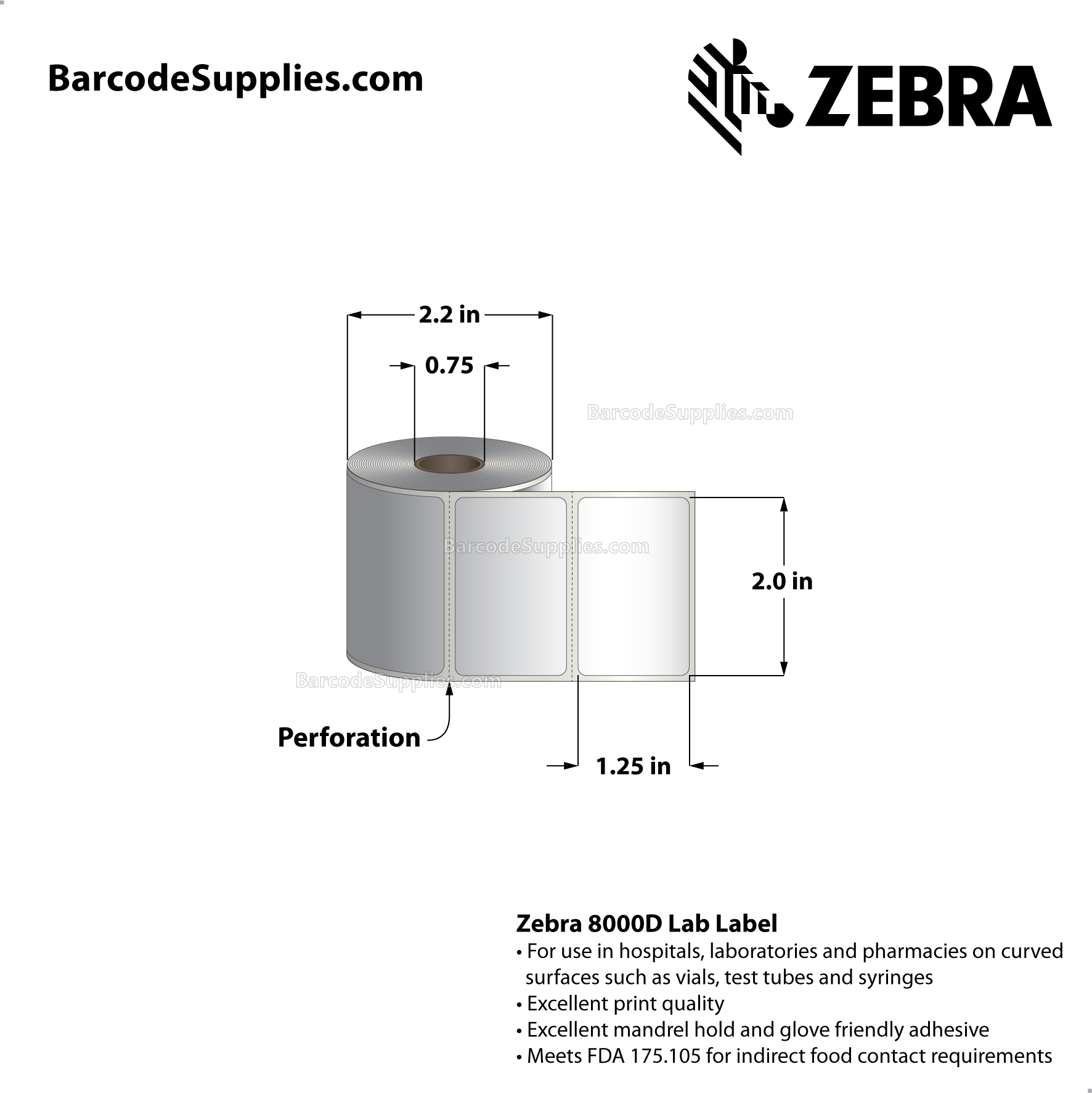 2 x 1.25 Direct Thermal White 8000D Lab Labels With Permanent Adhesive - Mobile specimen collection label for Meditech - Perforated - 330 Labels Per Roll - Carton Of 12 Rolls - 3960 Labels Total - MPN: 10015772