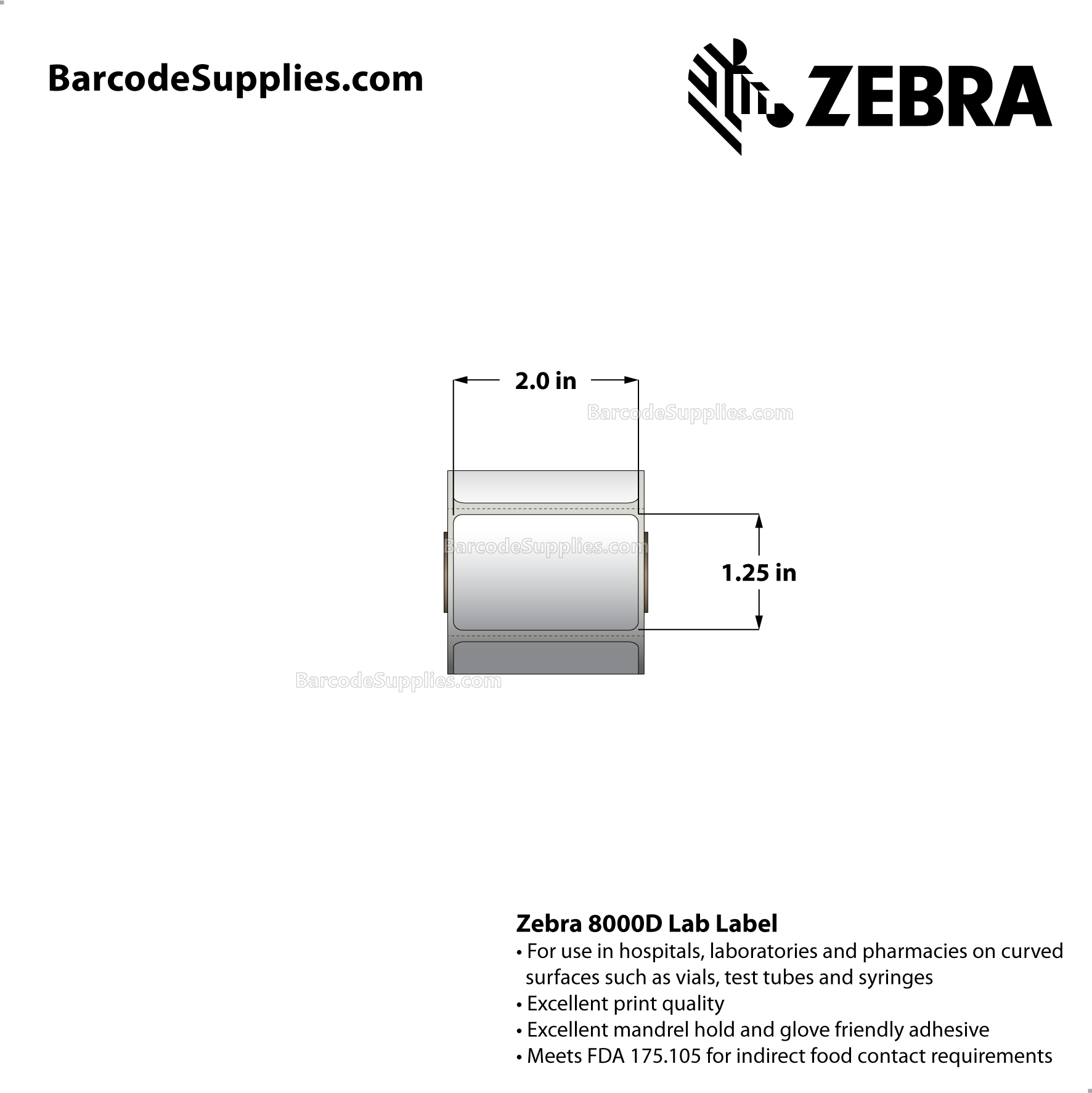 2 x 1.25 Direct Thermal White 8000D Lab Labels With Permanent Adhesive - Mobile specimen collection label for Meditech - Perforated - 330 Labels Per Roll - Carton Of 12 Rolls - 3960 Labels Total - MPN: 10015772