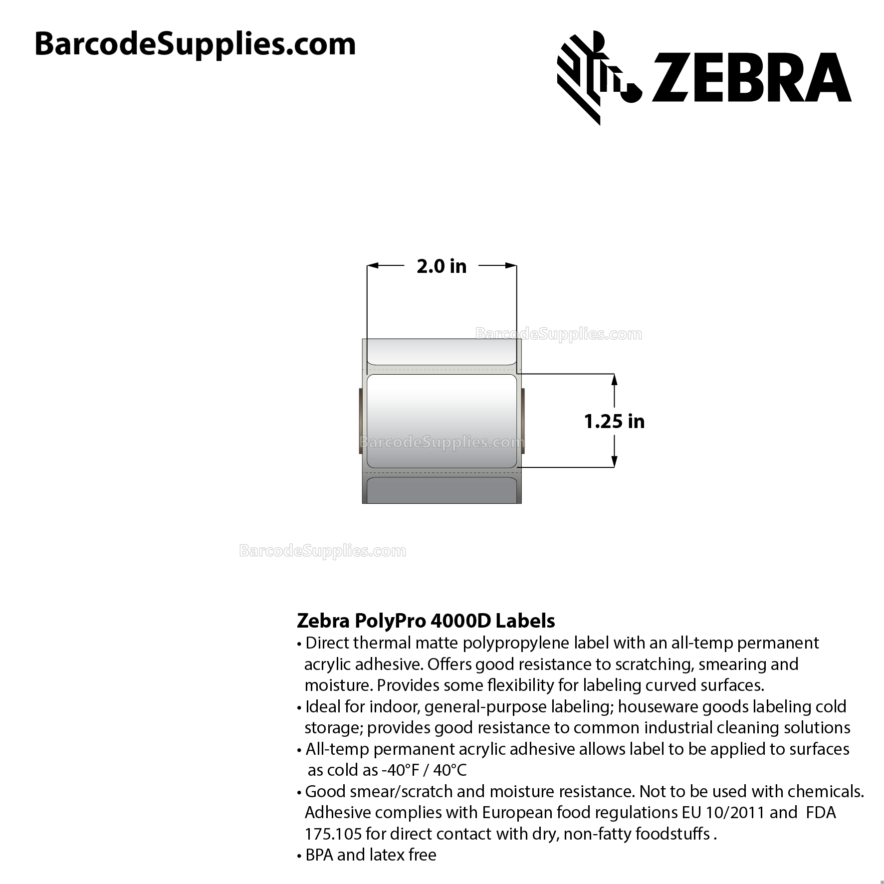 2 x 1.25 Direct Thermal White PolyPro 4000D Labels With All-Temp Adhesive - Perforated - 380 Labels Per Roll - Carton Of 12 Rolls - 4560 Labels Total - MPN: 10015778