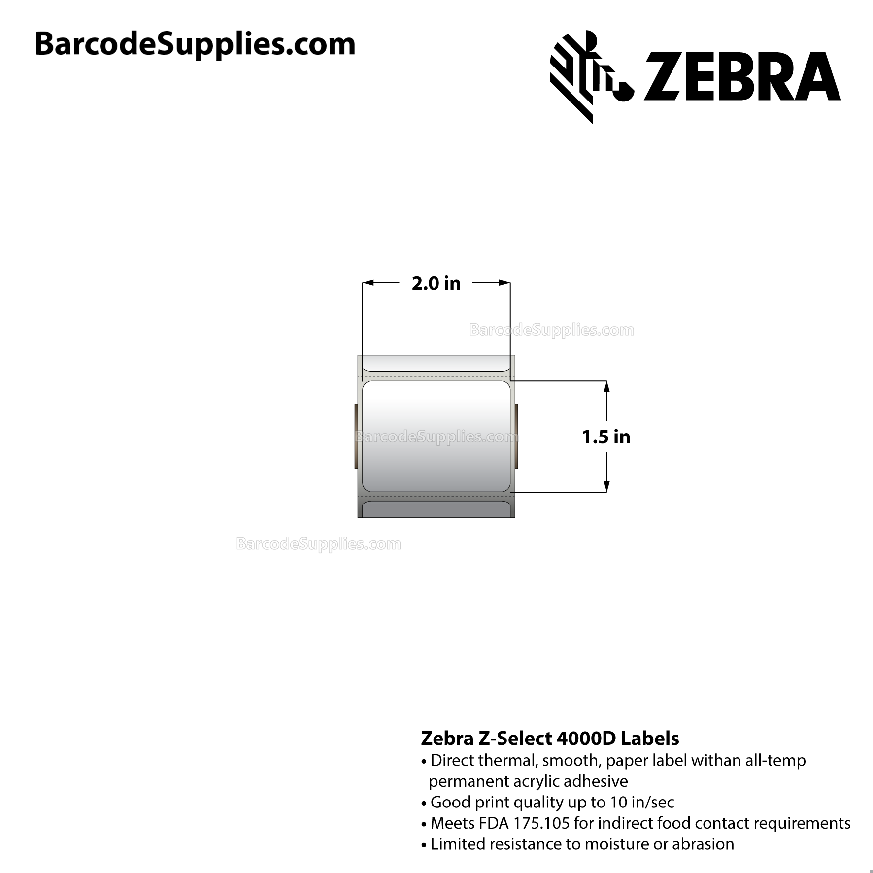 2 x 1.5 Direct Thermal White Z-Select 4000D Labels With All-Temp Adhesive - Perforated - 284 Labels Per Roll - Carton Of 36 Rolls - 10224 Labels Total - MPN: 10015767