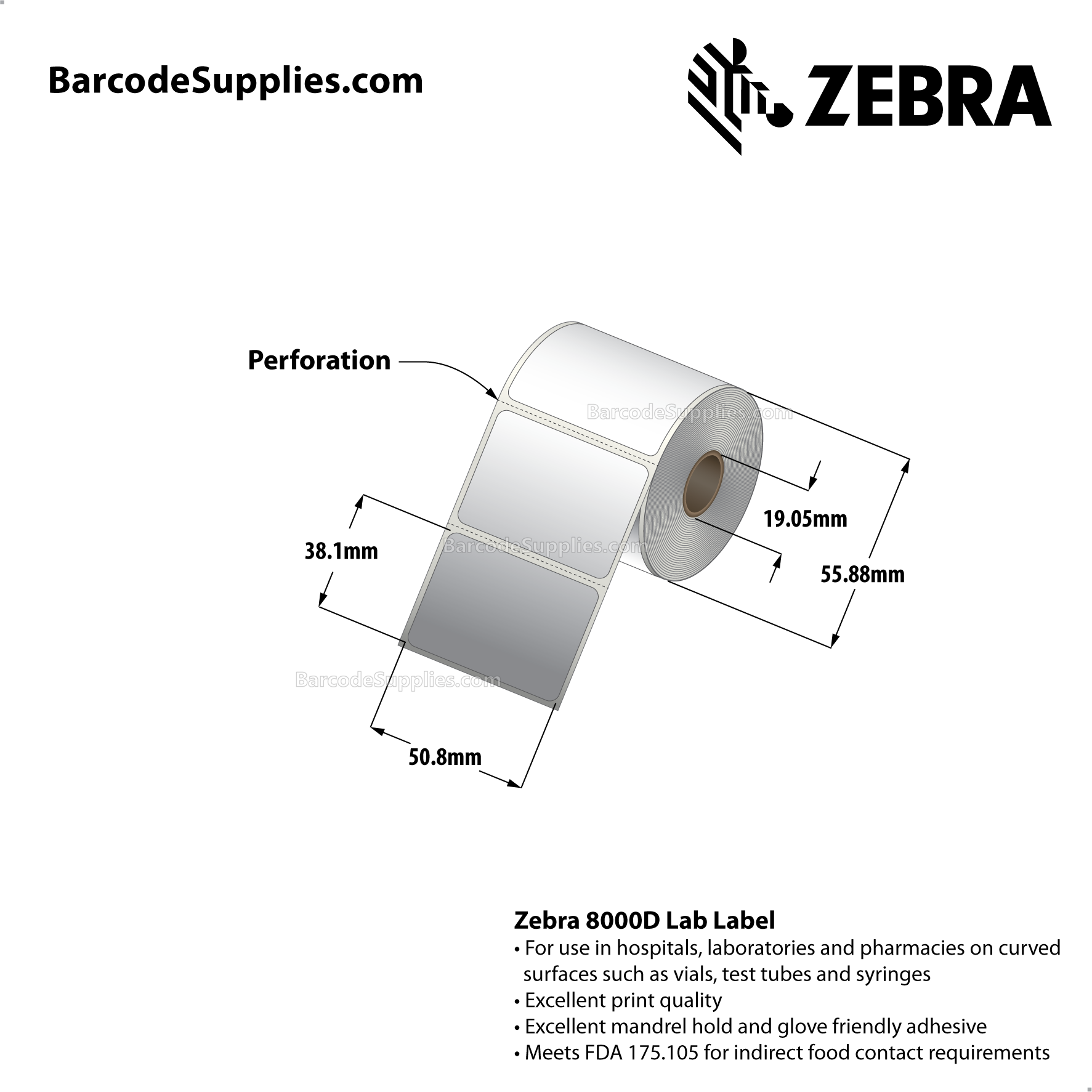 2 x 1.5 Direct Thermal White 8000D Lab Labels With High-tack Adhesive - Mobile specimen collection label for Meditech - Perforated - 280 Labels Per Roll - Carton Of 12 Rolls - 3360 Labels Total - MPN: 10015773