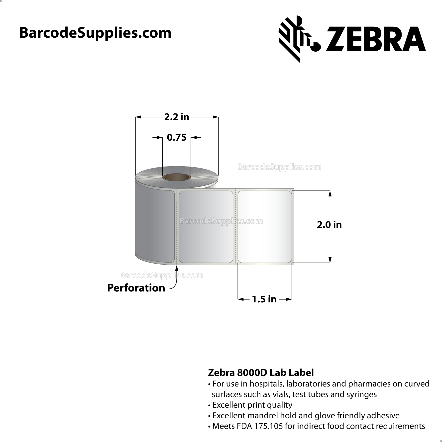 2 x 1.5 Direct Thermal White 8000D Lab Labels With High-tack Adhesive - Mobile specimen collection label for Meditech - Perforated - 280 Labels Per Roll - Carton Of 12 Rolls - 3360 Labels Total - MPN: 10015773