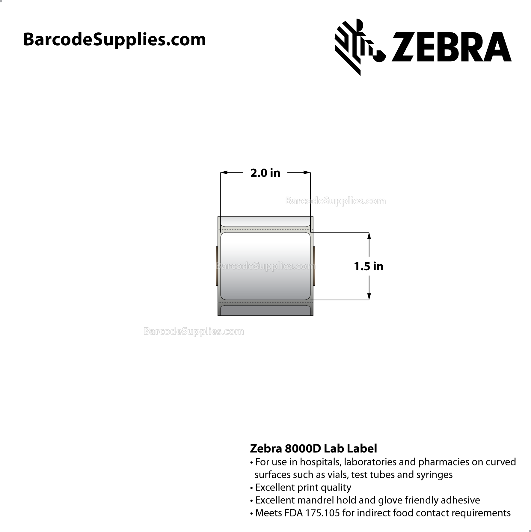 2 x 1.5 Direct Thermal White 8000D Lab Labels With High-tack Adhesive - Mobile specimen collection label for Meditech - Perforated - 280 Labels Per Roll - Carton Of 12 Rolls - 3360 Labels Total - MPN: 10015773
