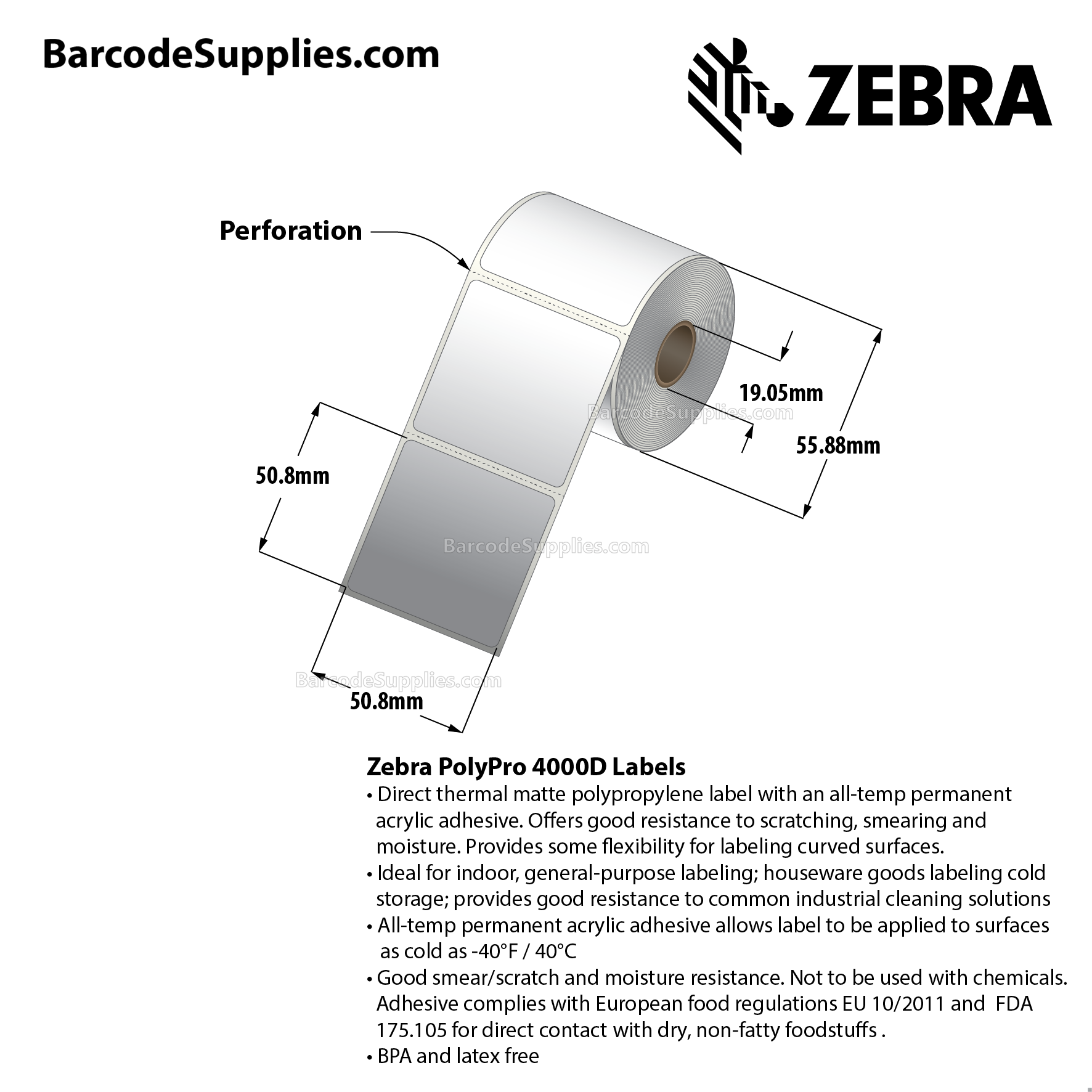 2 x 2 Direct Thermal White PolyPro 4000D Labels With All-Temp Adhesive - Perforated - 245 Labels Per Roll - Carton Of 12 Rolls - 2940 Labels Total - MPN: 10015779