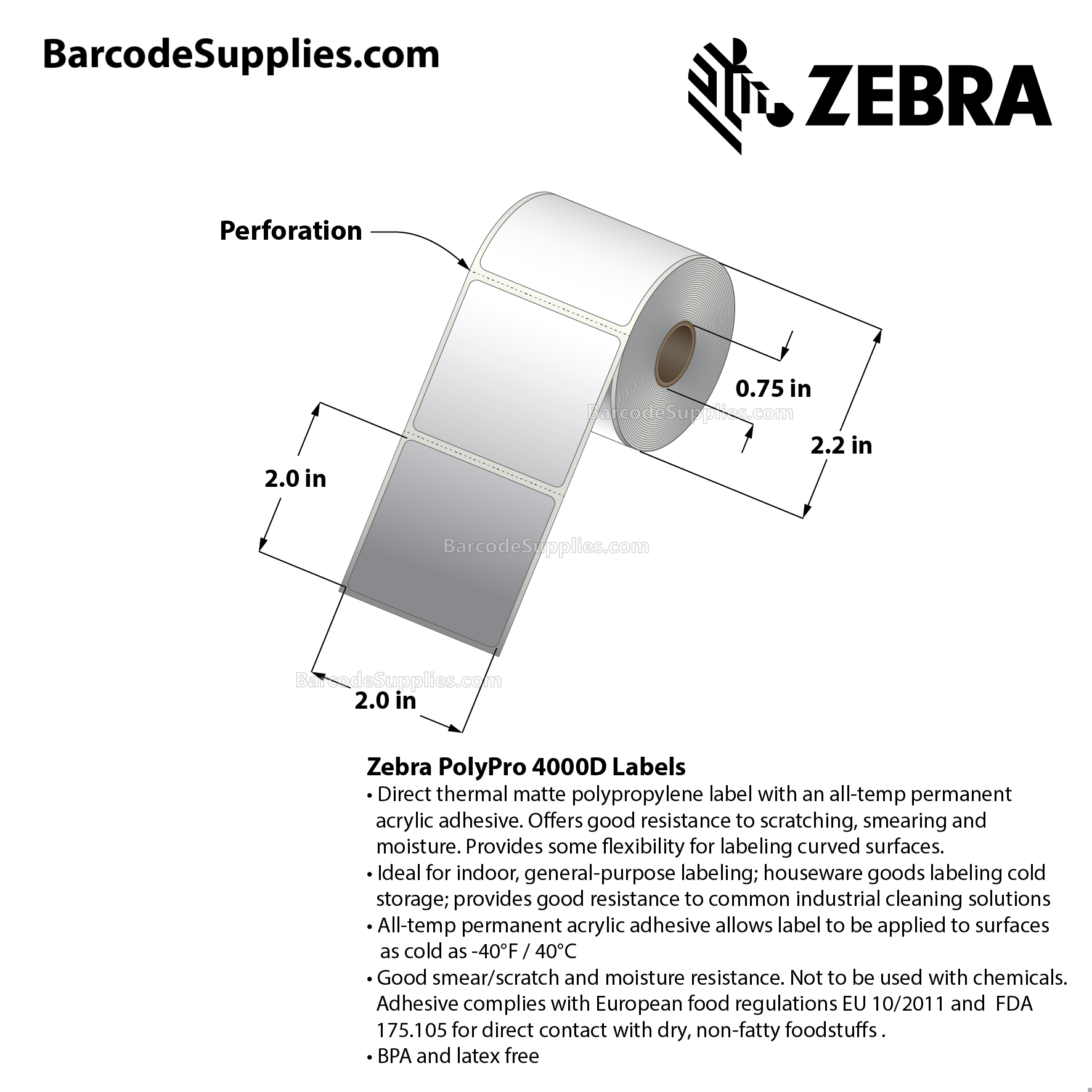 2 x 2 Direct Thermal White PolyPro 4000D Labels With All-Temp Adhesive - Perforated - 245 Labels Per Roll - Carton Of 12 Rolls - 2940 Labels Total - MPN: 10015779