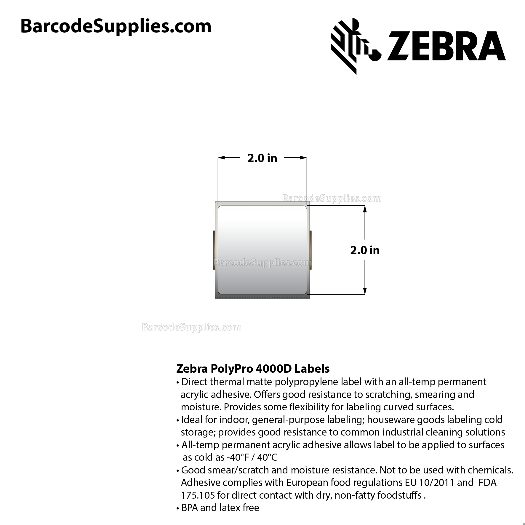 2 x 2 Direct Thermal White PolyPro 4000D Labels With All-Temp Adhesive - Perforated - 245 Labels Per Roll - Carton Of 12 Rolls - 2940 Labels Total - MPN: 10015779