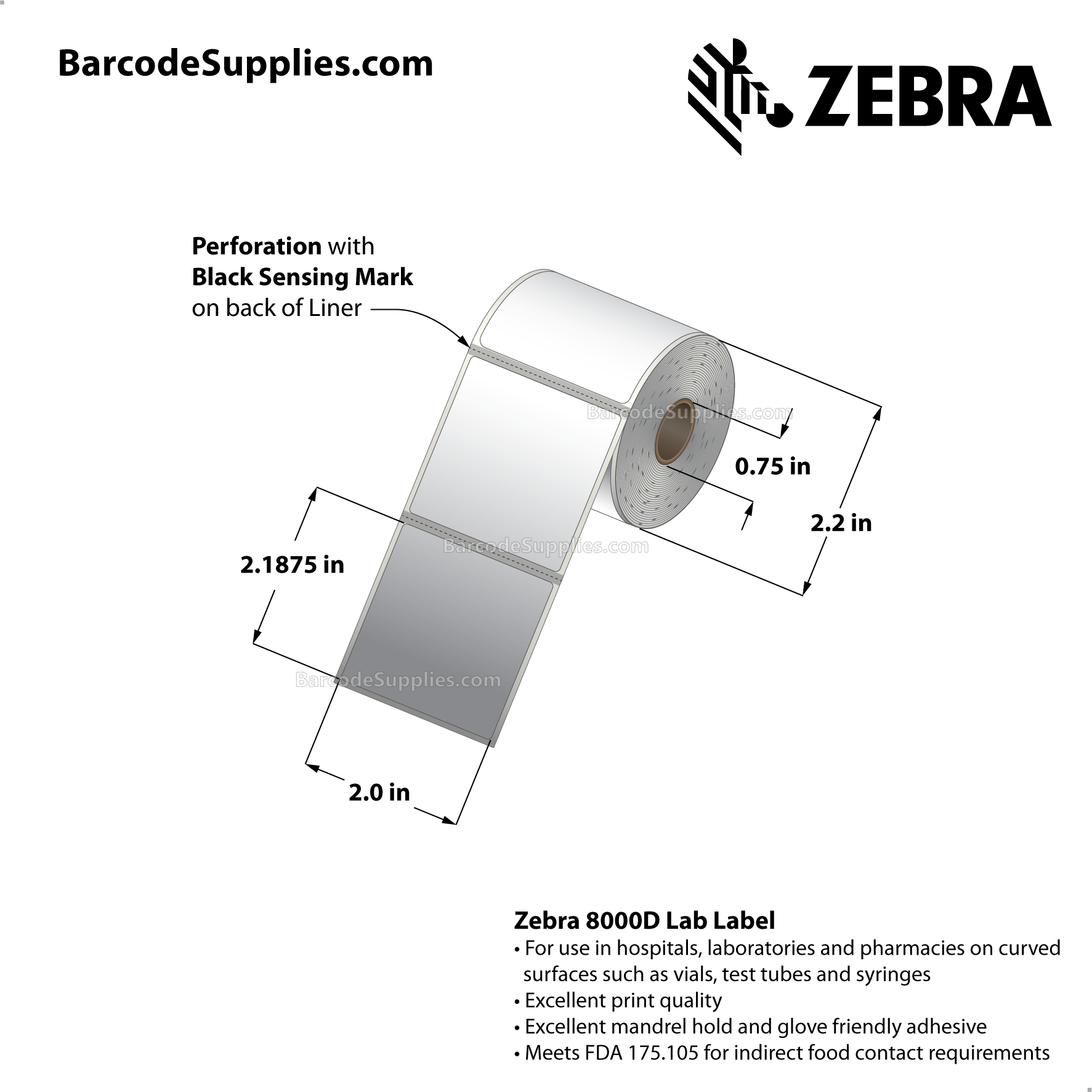 2 x 2.1875 Direct Thermal White 8000D Lab Labels With High-tack Adhesive - Perforated - 200 Labels Per Roll - Carton Of 36 Rolls - 7200 Labels Total - MPN: 10024049