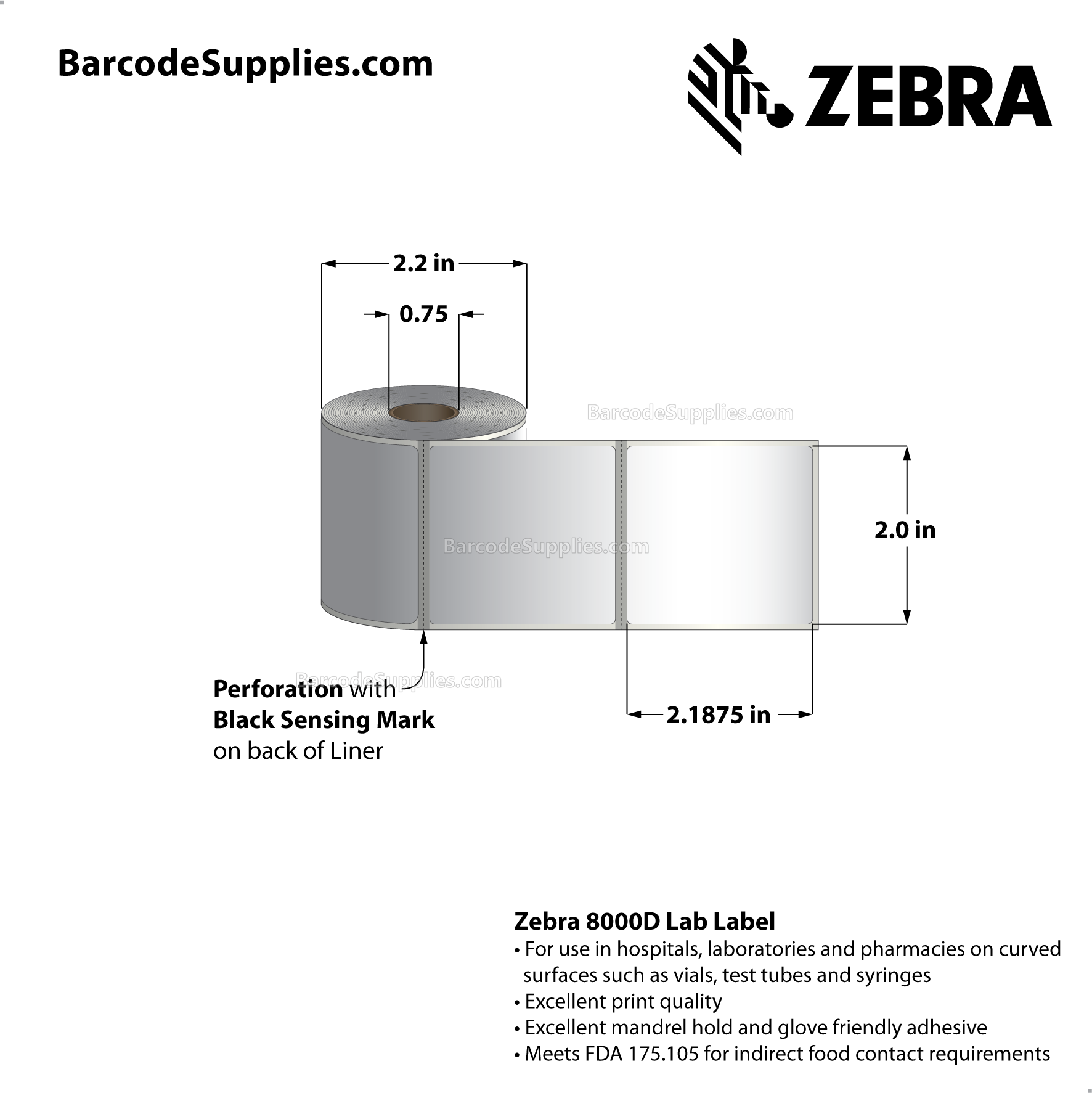 2 x 2.1875 Direct Thermal White 8000D Lab Labels With High-tack Adhesive - Perforated - 200 Labels Per Roll - Carton Of 12 Rolls - 2400 Labels Total - MPN: 10015775